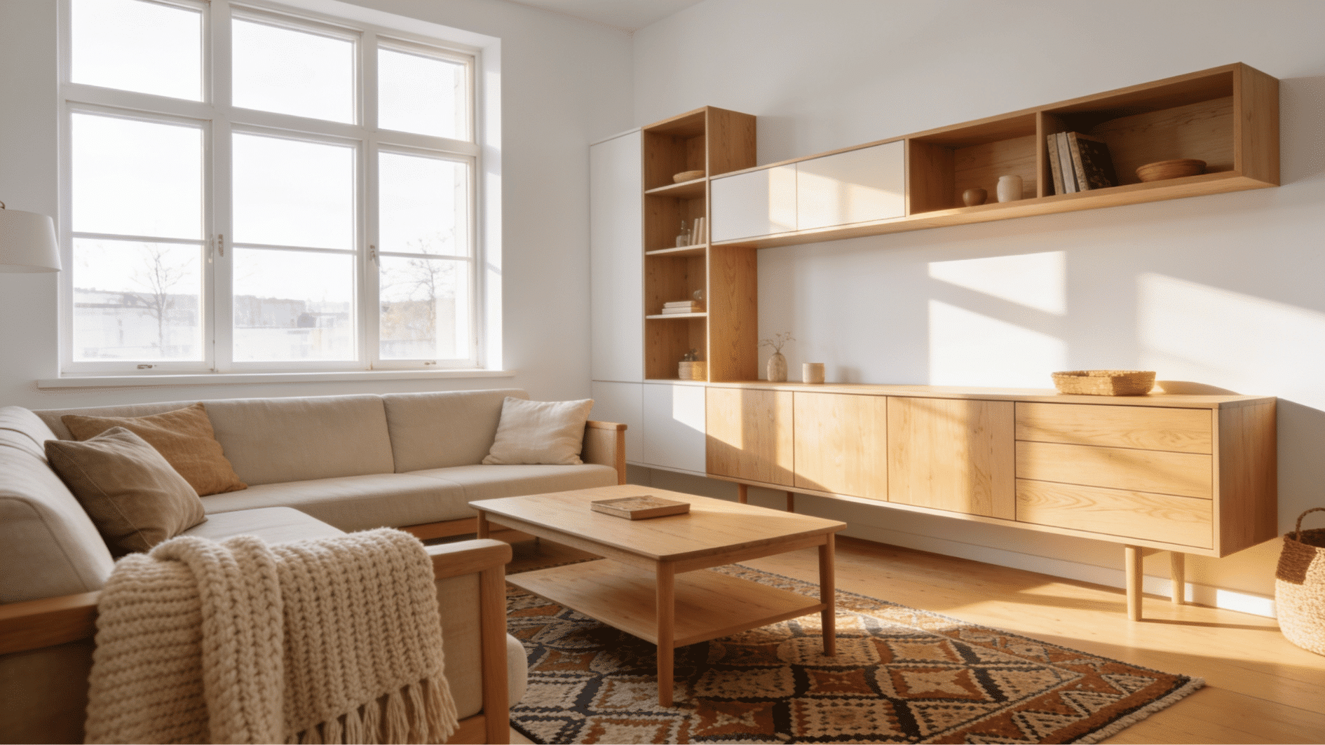 scandinavian living room with light wood furniture white walls cozy textiles and bright natural lighting