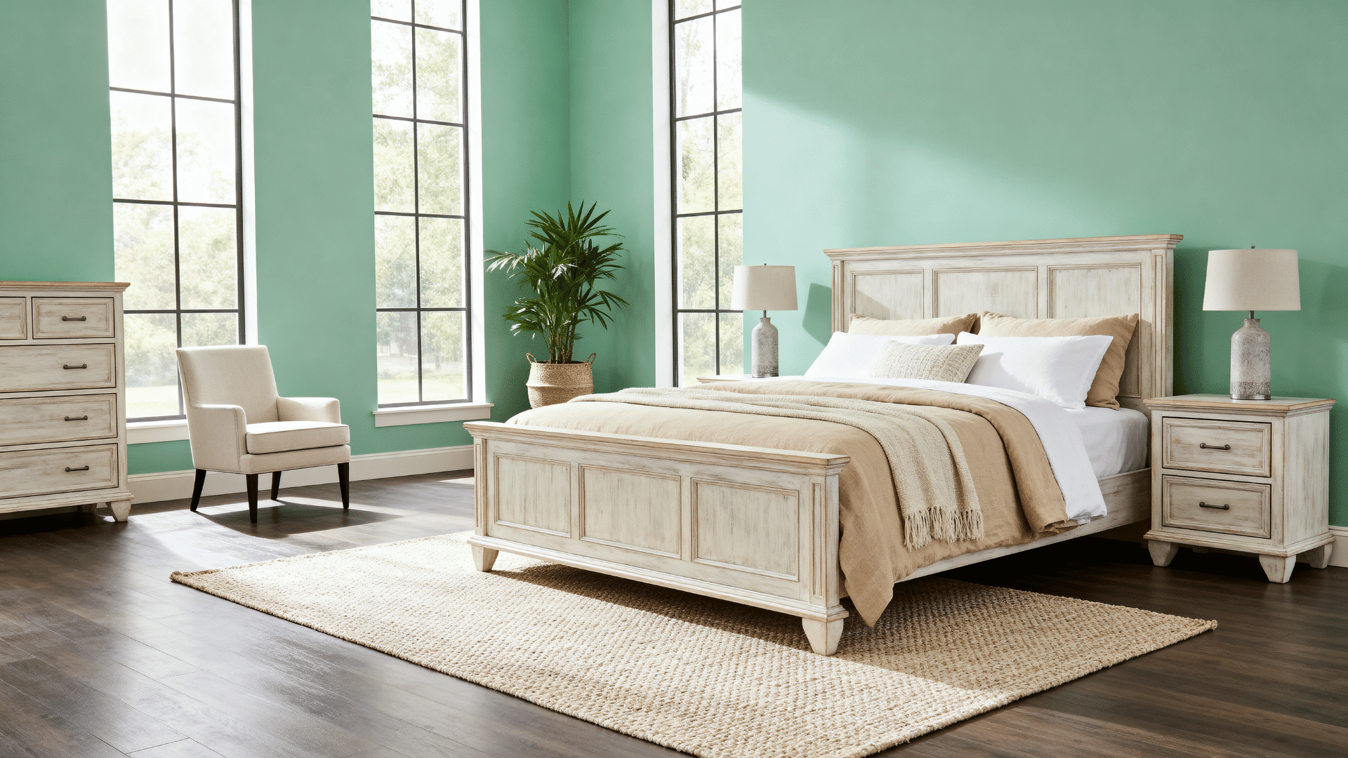 seafoam green bedroom with beige bedding rattan chair wood furniture and soft indoor lighting full room view