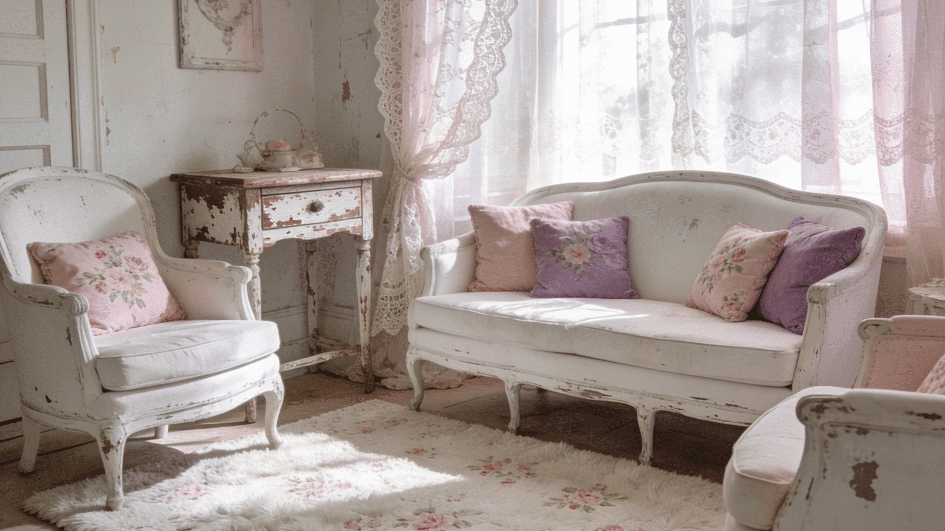 shabby chic living room with distressed white furniture pastel tones floral decor and vintage charm