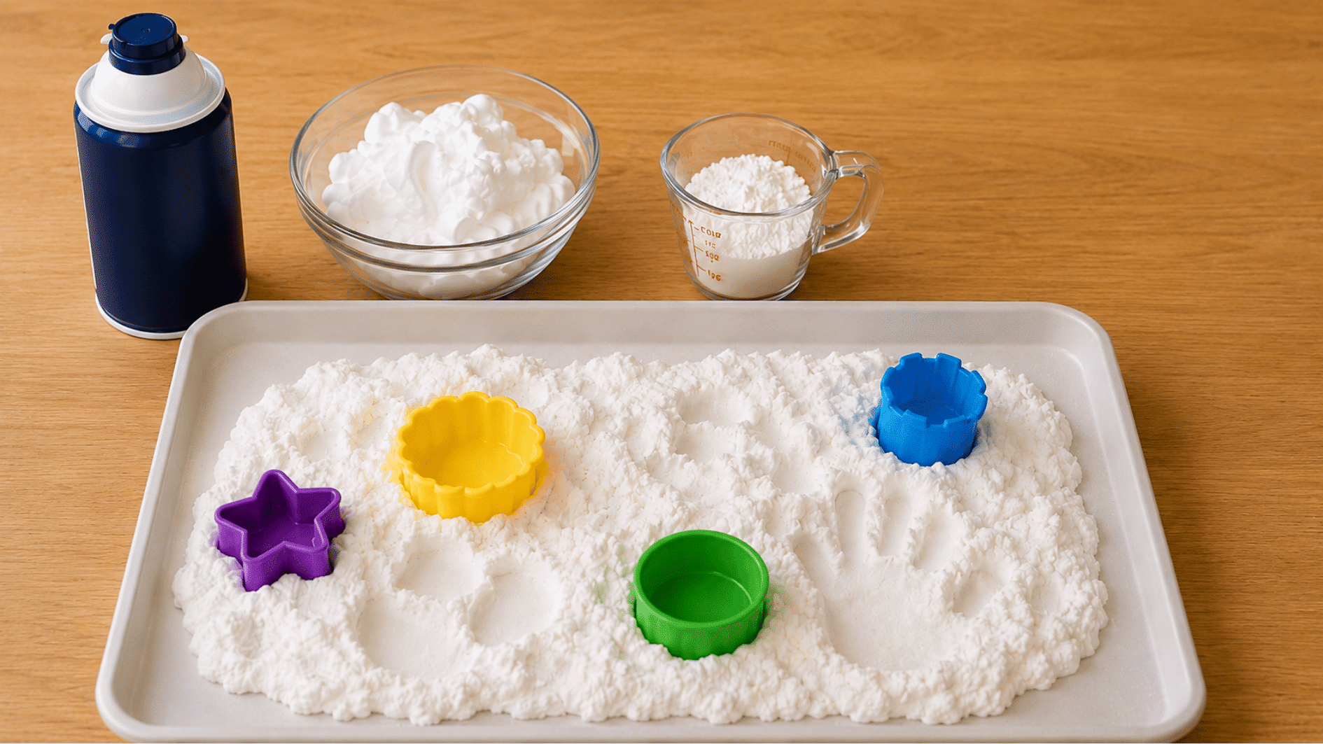 shaving foam sensory tray with colorful cutters beside a bowl and measuring cup on a wooden tabletop
