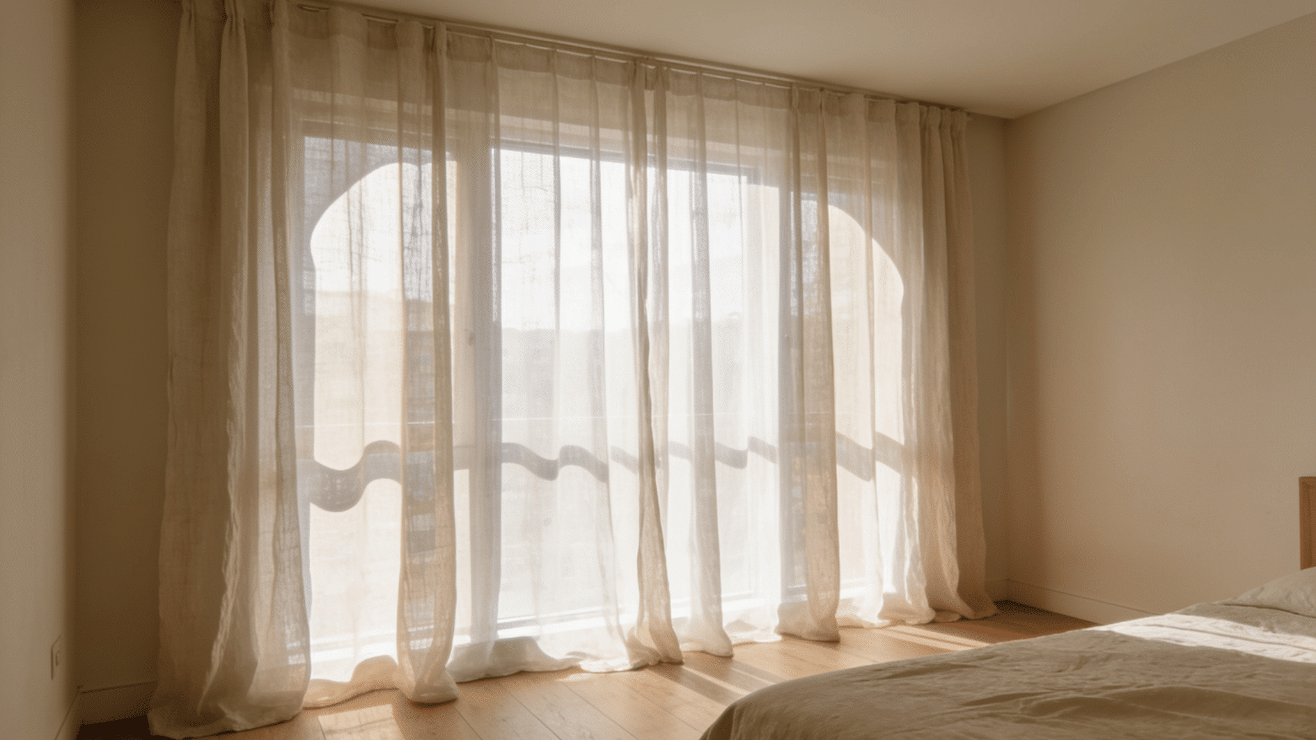 sheer linen curtains glow with sunlight in a bedroom, casting soft shadows of a railing onto the fabric.