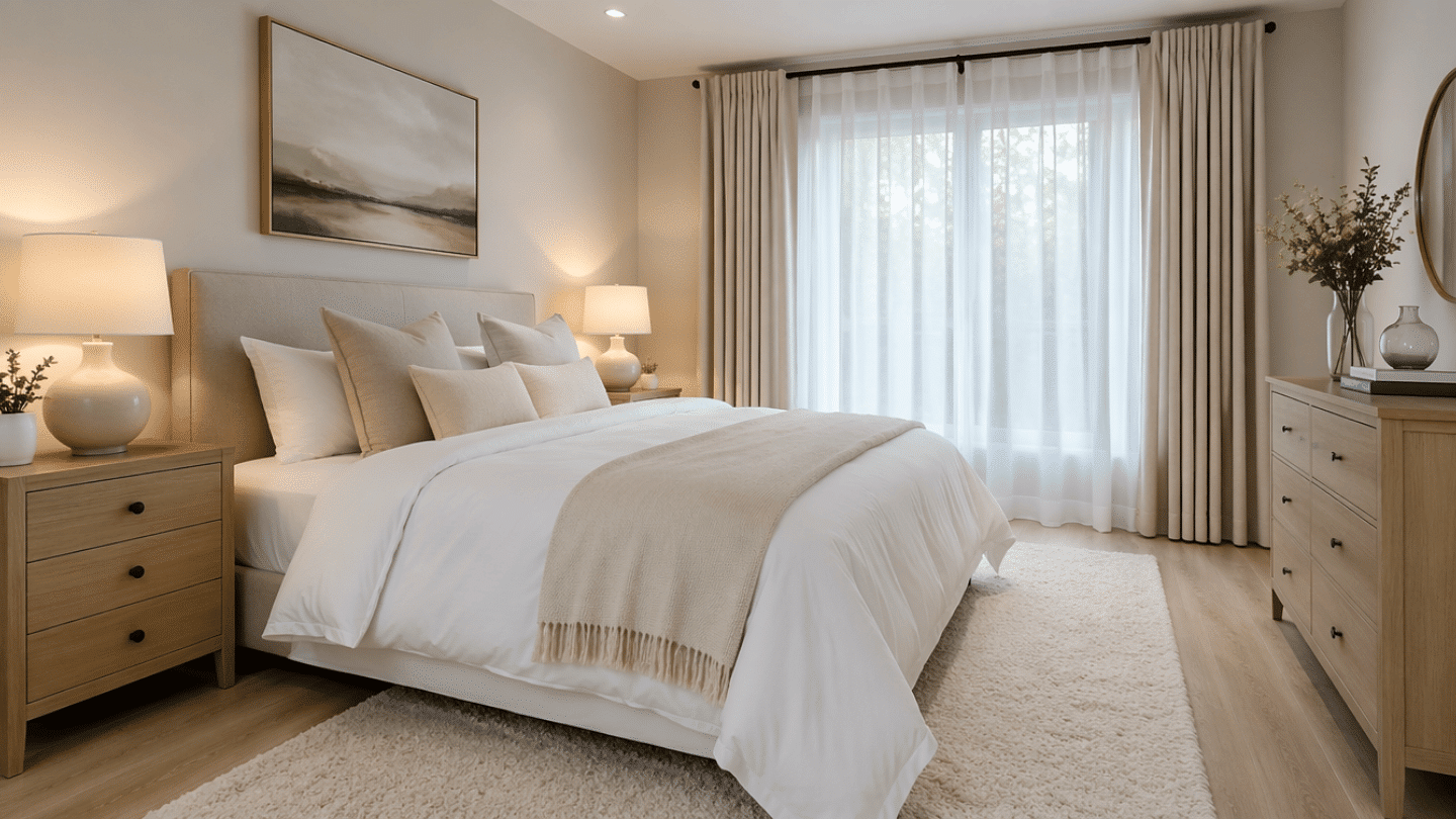 side angle view of a softly styled bedroom with a large window sheer white curtains layered under fuller taupe curtain panels upholstered bed with ivory bedding and a folded beige blanket dark woo