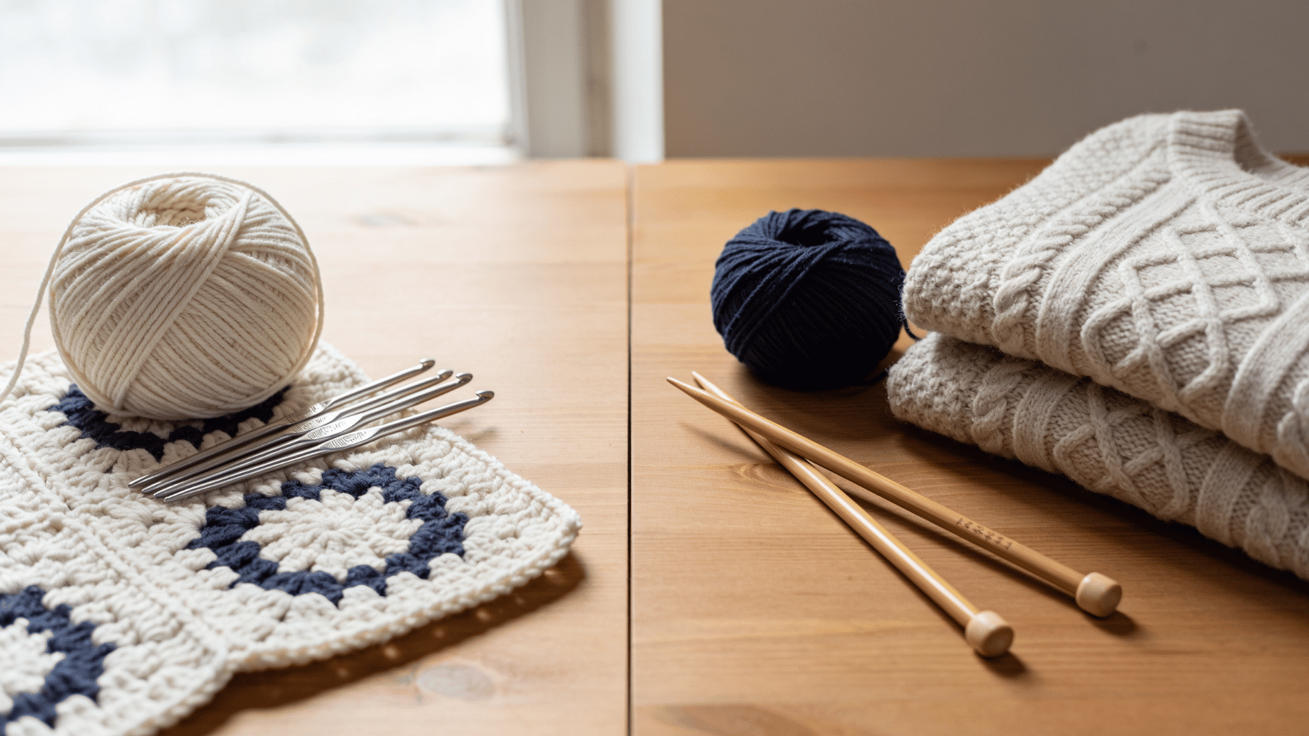 side-by-side craft scene showing crochet supplies and finished crochet items on one side and knitting tools with knitted clothing on the other, balanced composition representing advantages and lim