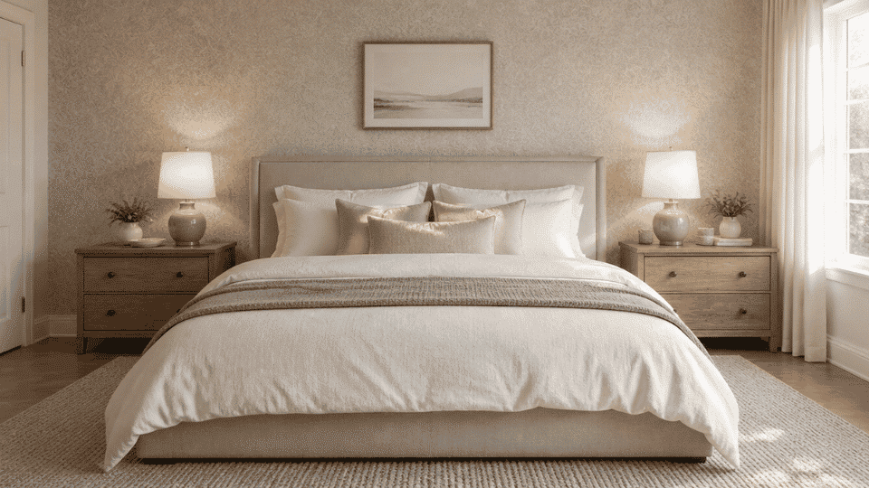 simple linen bedding in white and cream light taupe throw wooden nightstands with warm lamps minimal wall decor soft textured rug
