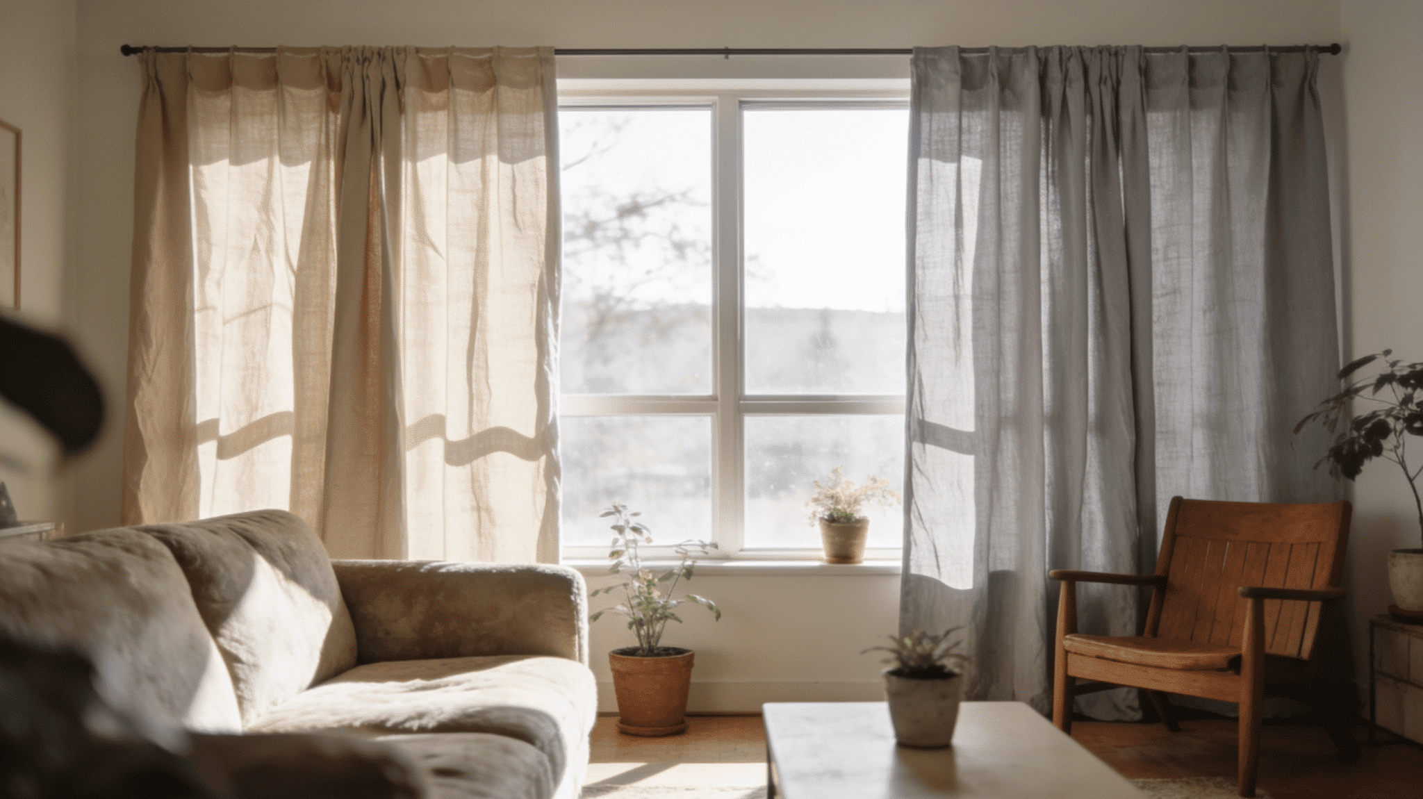 simple linen drapery panels on windows in transitional american room
