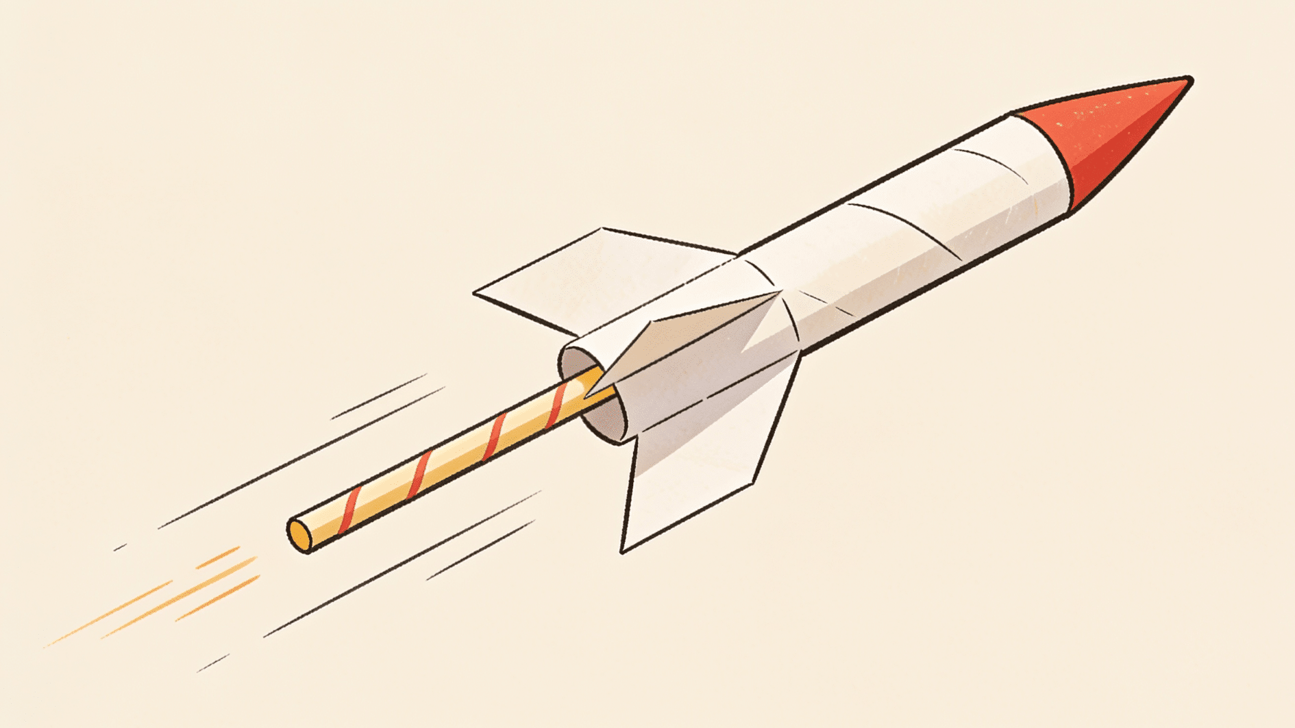 simple straw rocket craft with paper fins, shown sliding over a thinner launch straw, mid-flight against a plain background, demonstrating the launch mechanic.