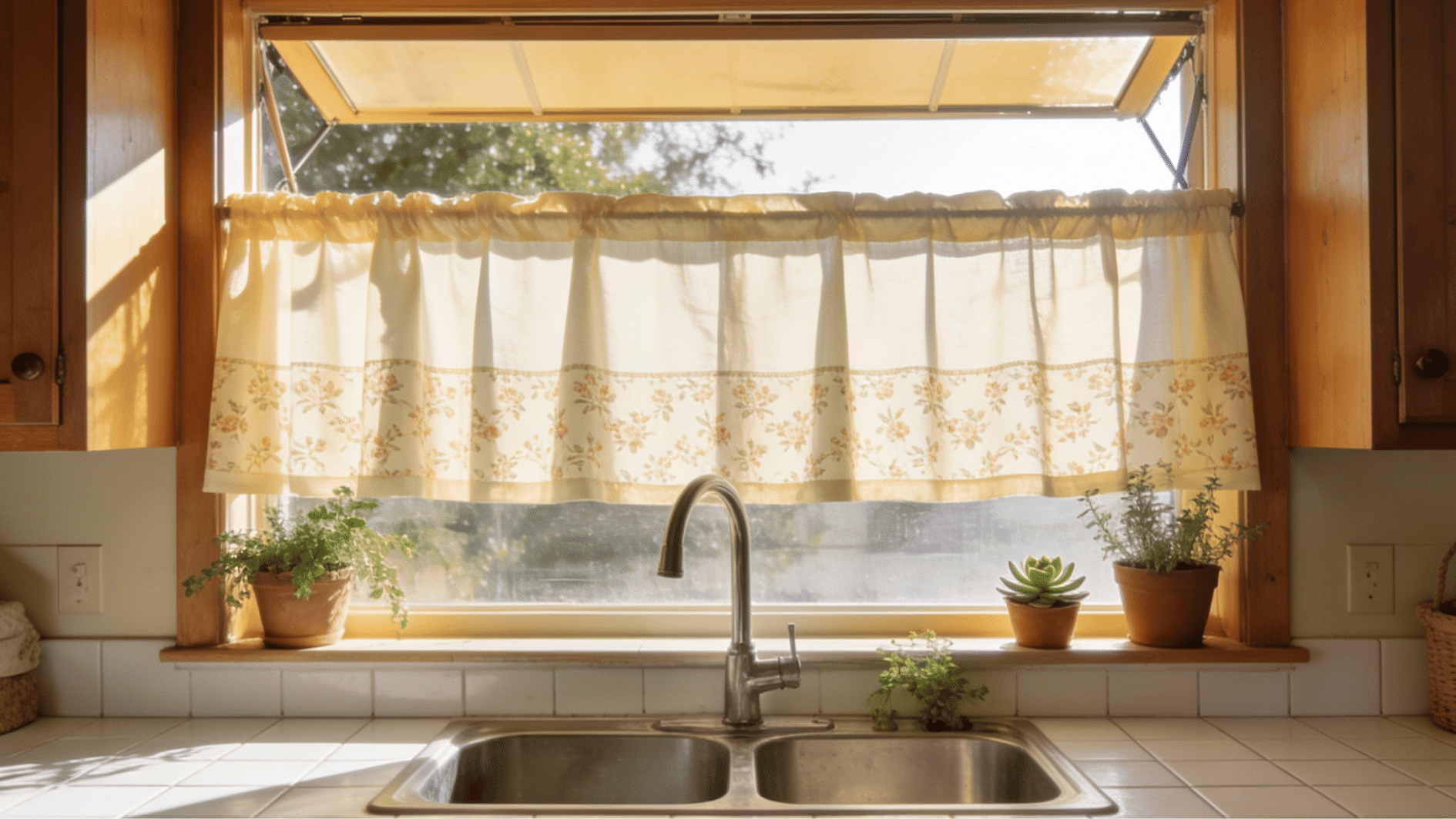 single kitchen window with café curtain covering the lower half for privacy