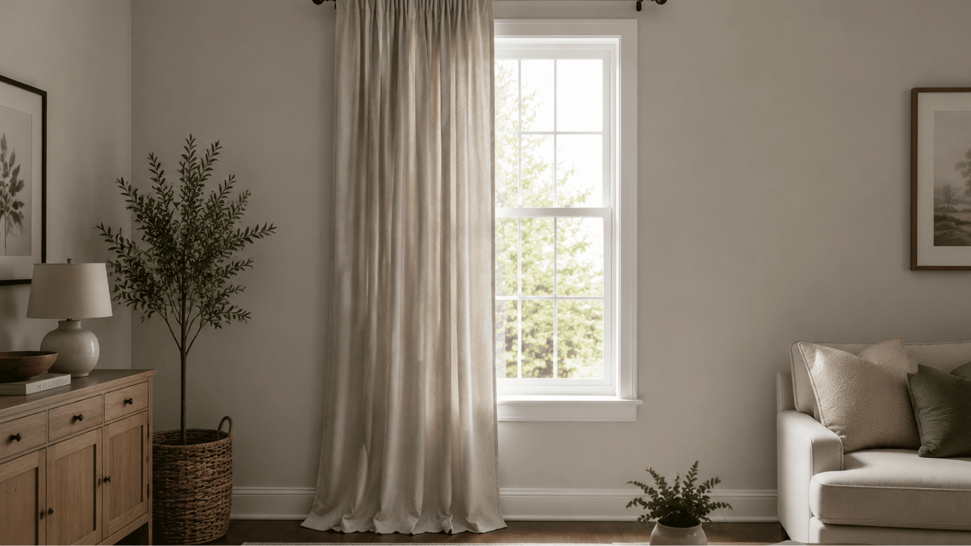 single window with a floor length beige curtain panel in a minimalist living room with soft natural daylight