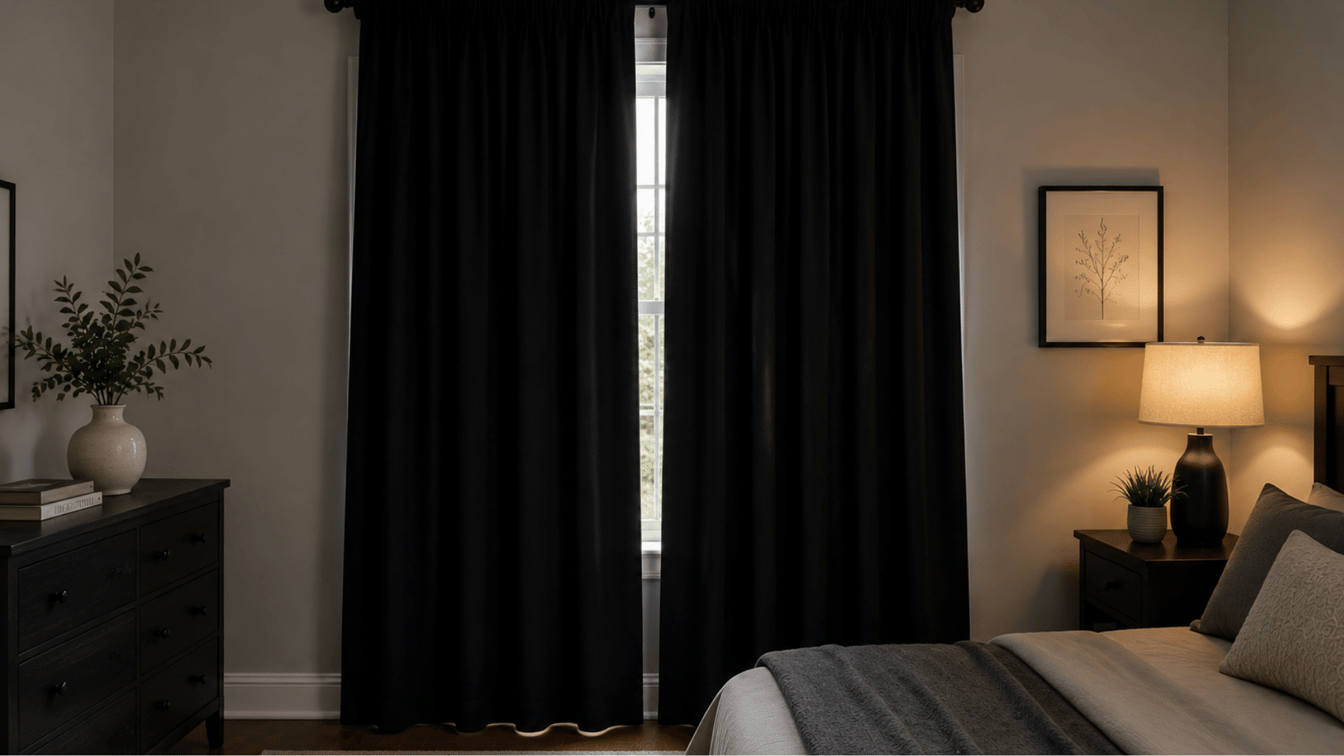 single window with black blackout curtains in a modern bedroom creating a dark private space with warm ambient lighting