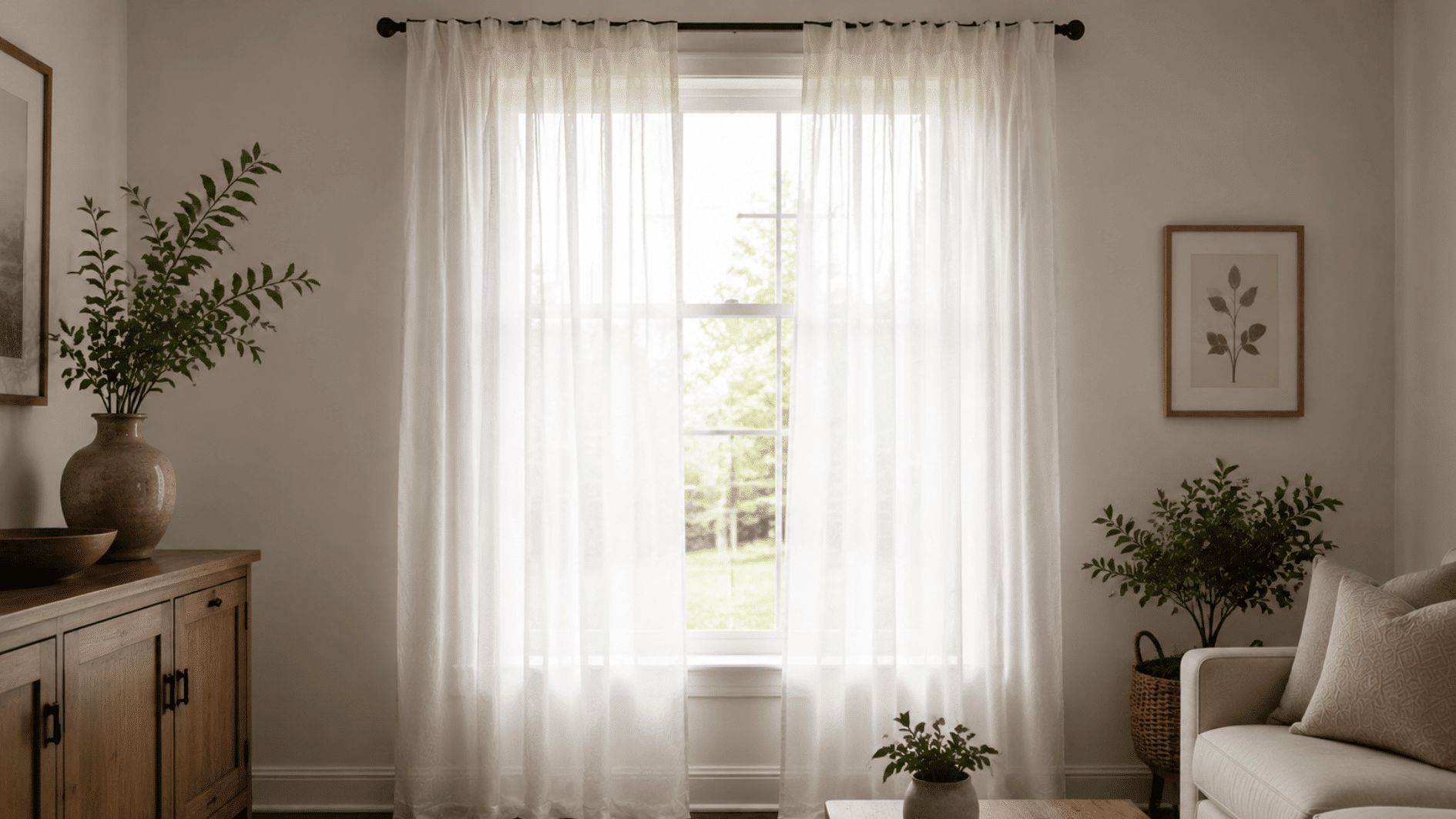 **Alt Text:** single window with sheer white curtains softly filtering sunlight in a bright minimalist living room interior