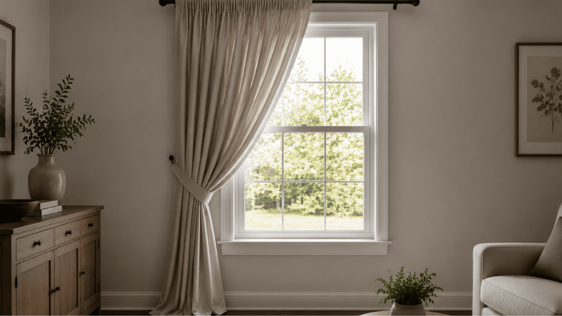 single window with side swept curtain tied to one side in a minimalist living room with soft natural daylight