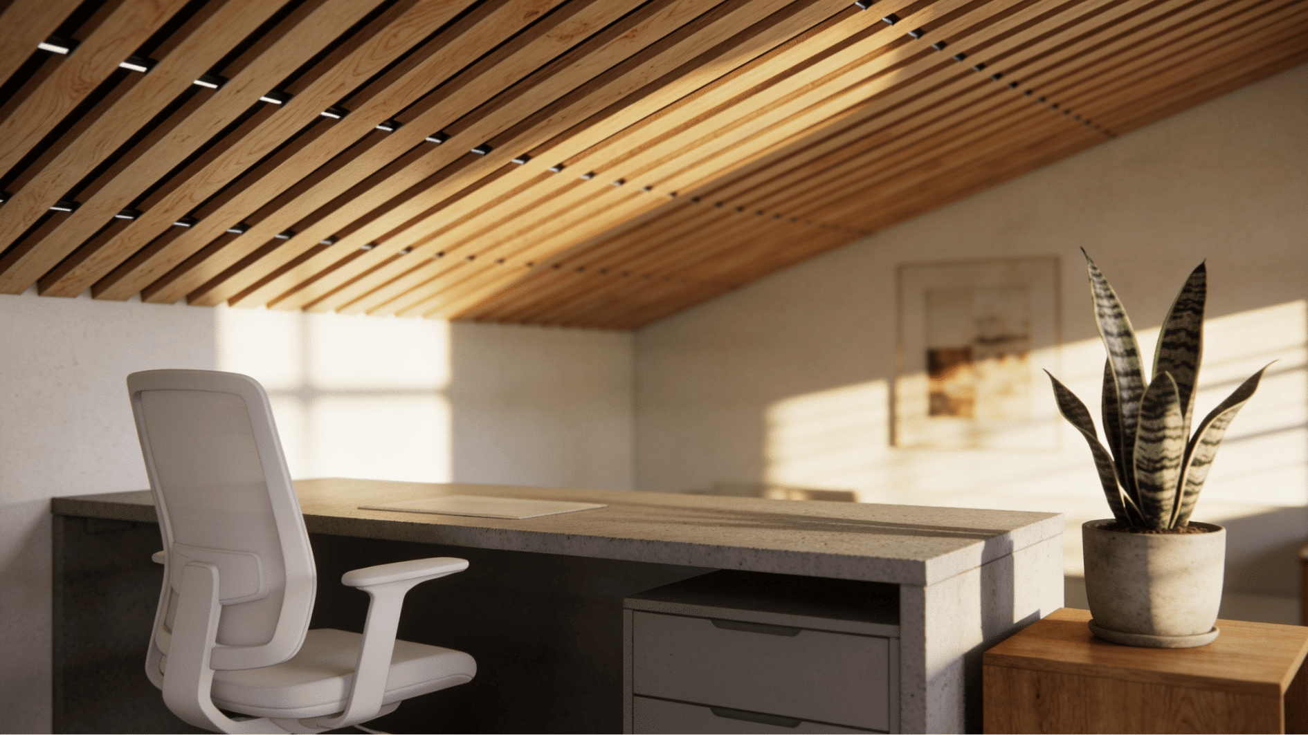slatted <echighlighted>wood panel ceiling</echighlighted> with evenly spaced oak slats in a modern scandinavian home office with natural daylight