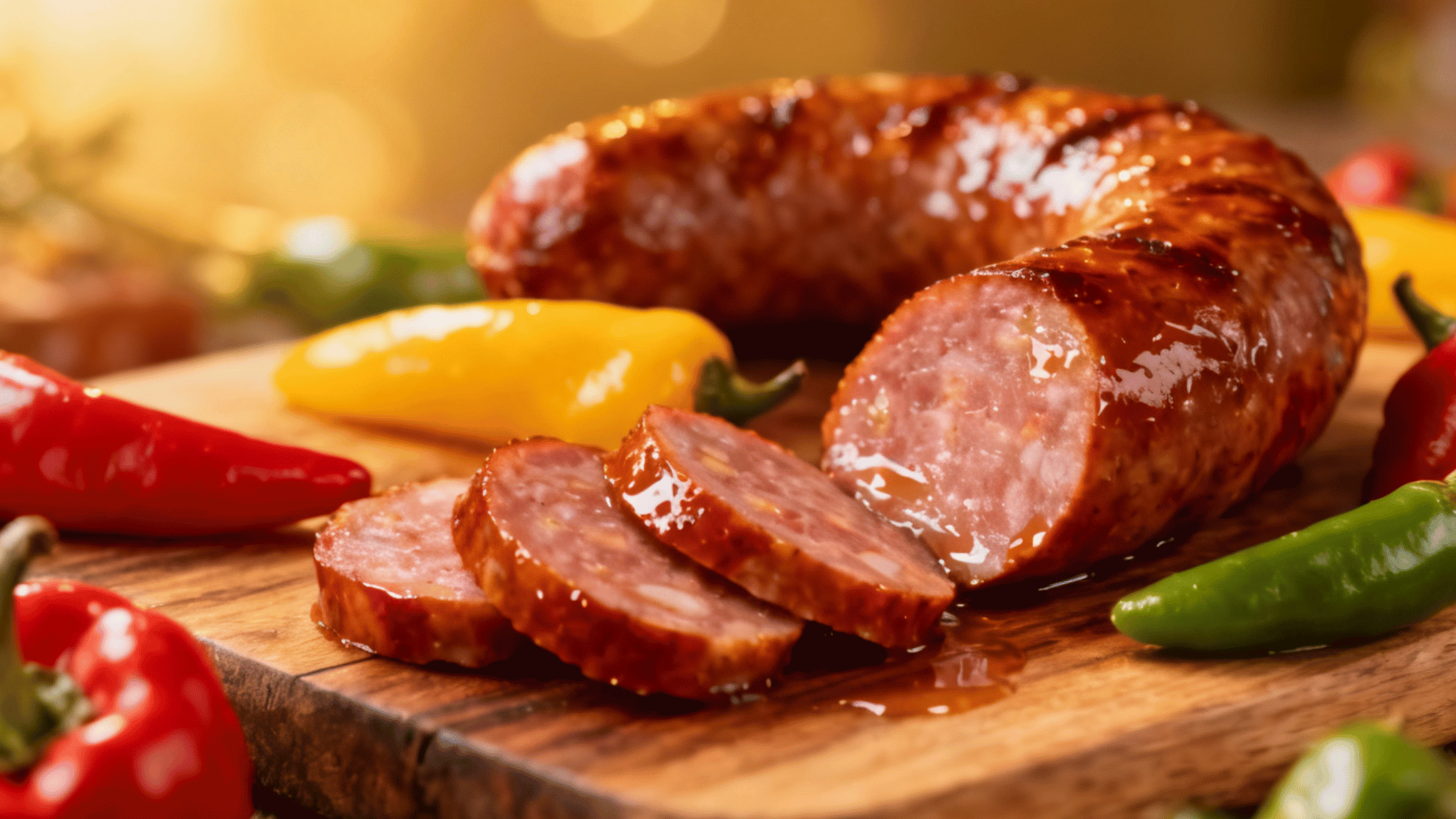 sliced cooked sausage on a wooden board with colorful chili peppers and glossy roasted sausage links
