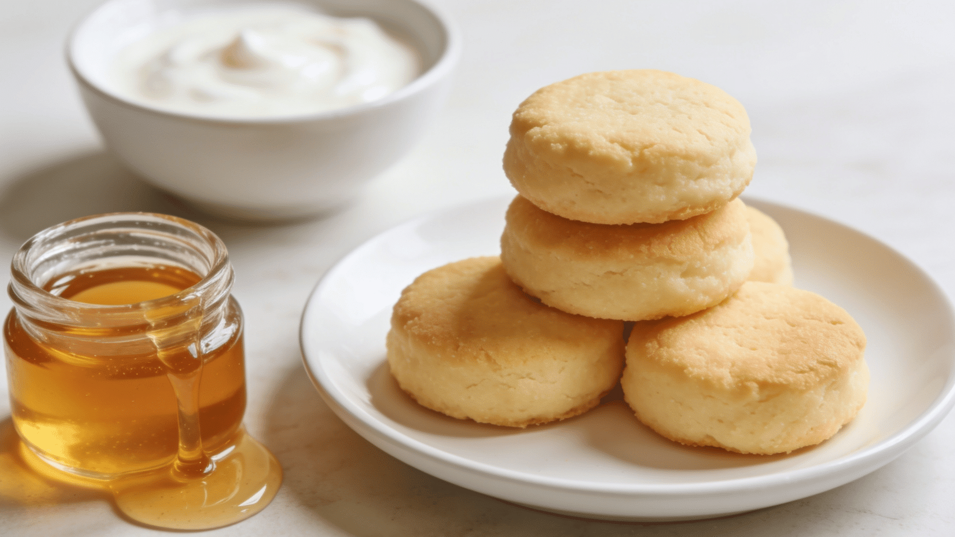 small bite-sized yogurt honey cookies stacked on a simple white plate, soft pale golden color with slightly fluffy texture, smooth edges, a drizzle of honey in a small glass jar nearby, yogurt bow