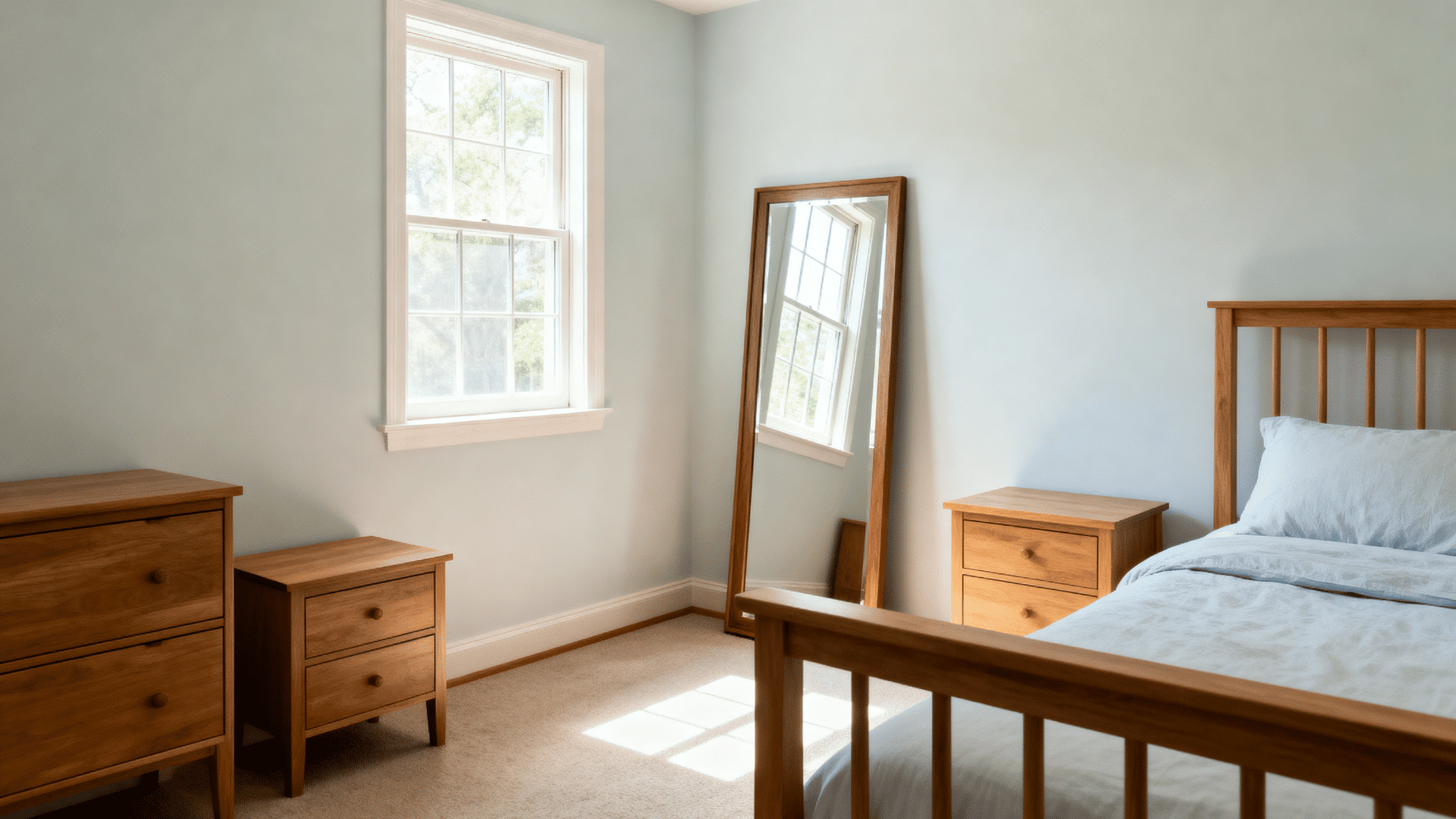 small guest bedroom with full length mirror opposite window reflecting natural light and matching wood frame now