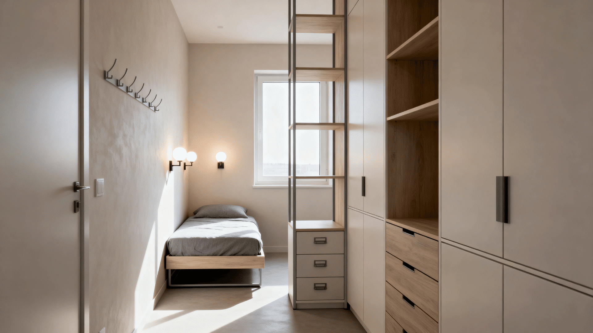 small guest bedroom with wall sconces light neutral palette vertical storage hooks and space saving guest bed setup