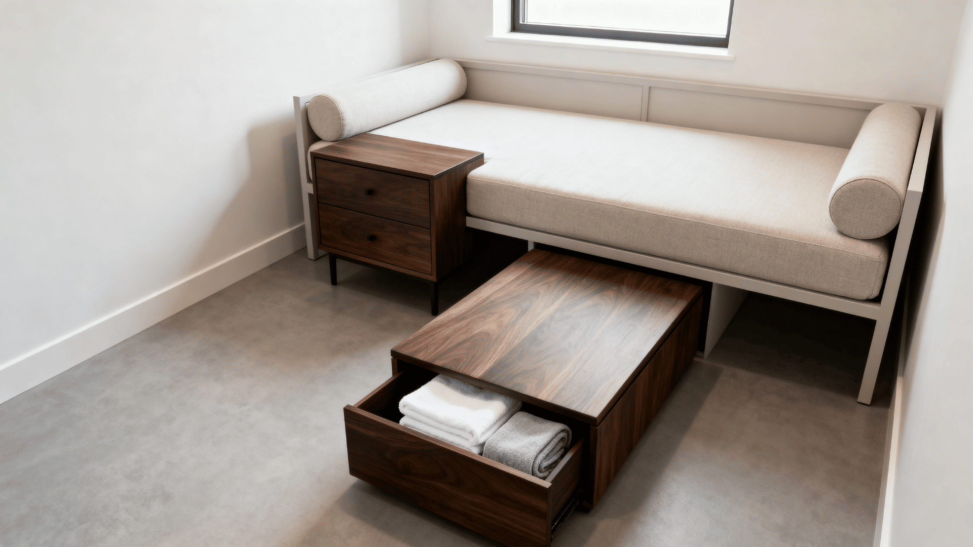 small guest room with storage ottoman daybed drawer nightstand and neatly hidden extra bedding and towels inside