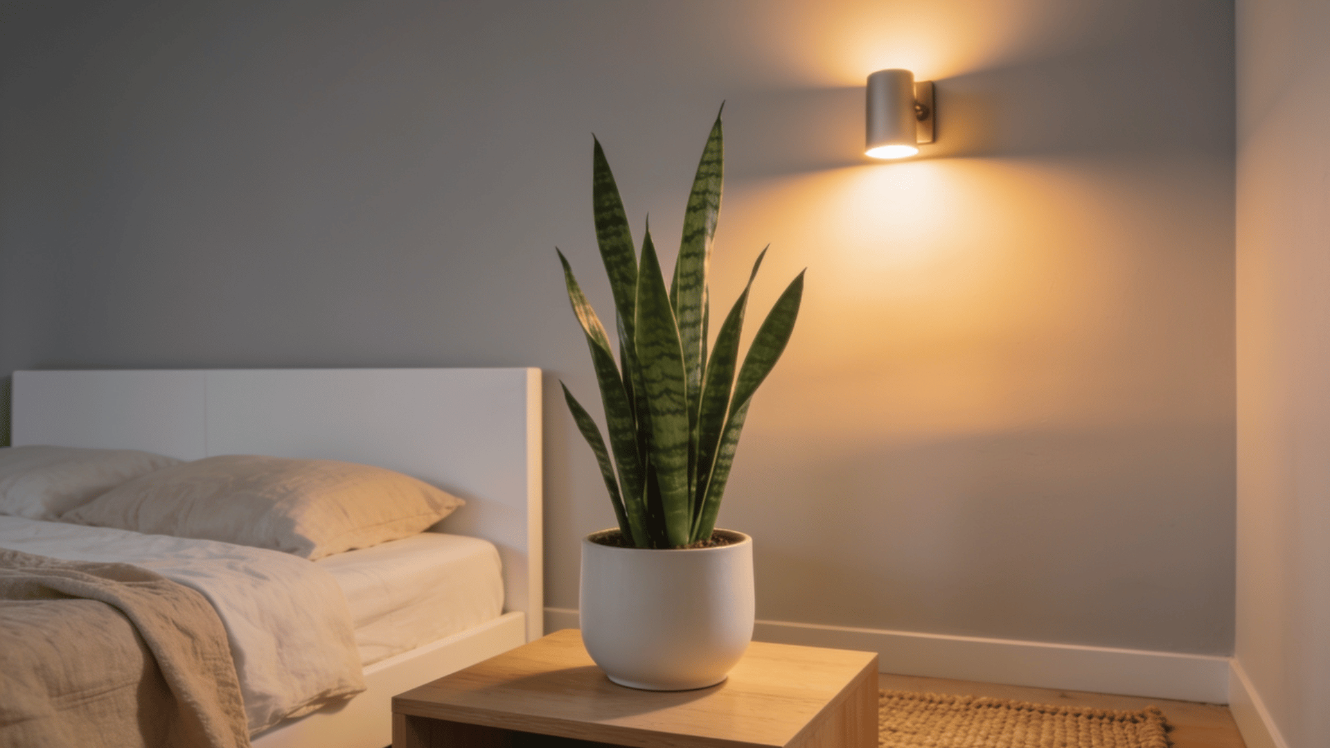 snake plant in a white pot on a bedside table beside a bed in a softly lit modern bedroom
