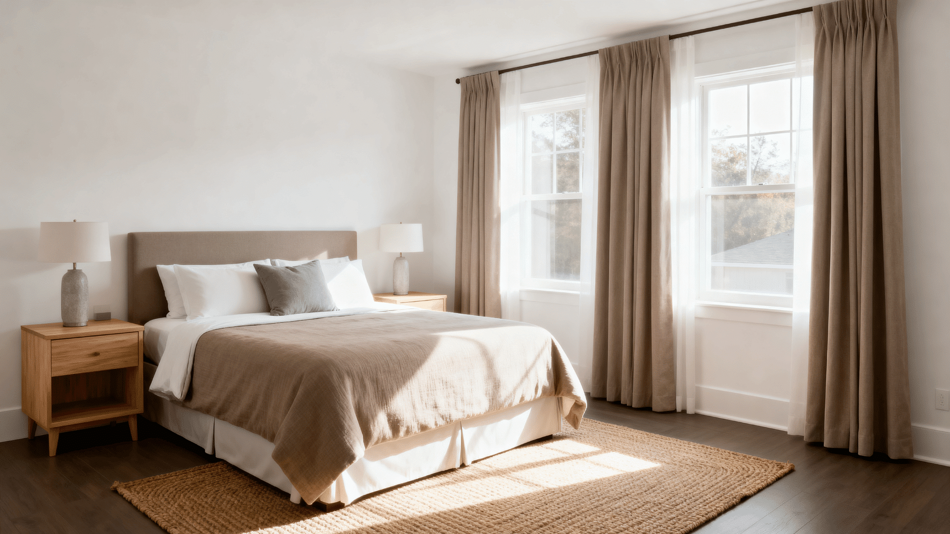 soft neutral guest bedroom with warm white walls greige bedding taupe curtains and one muted accent cushion set