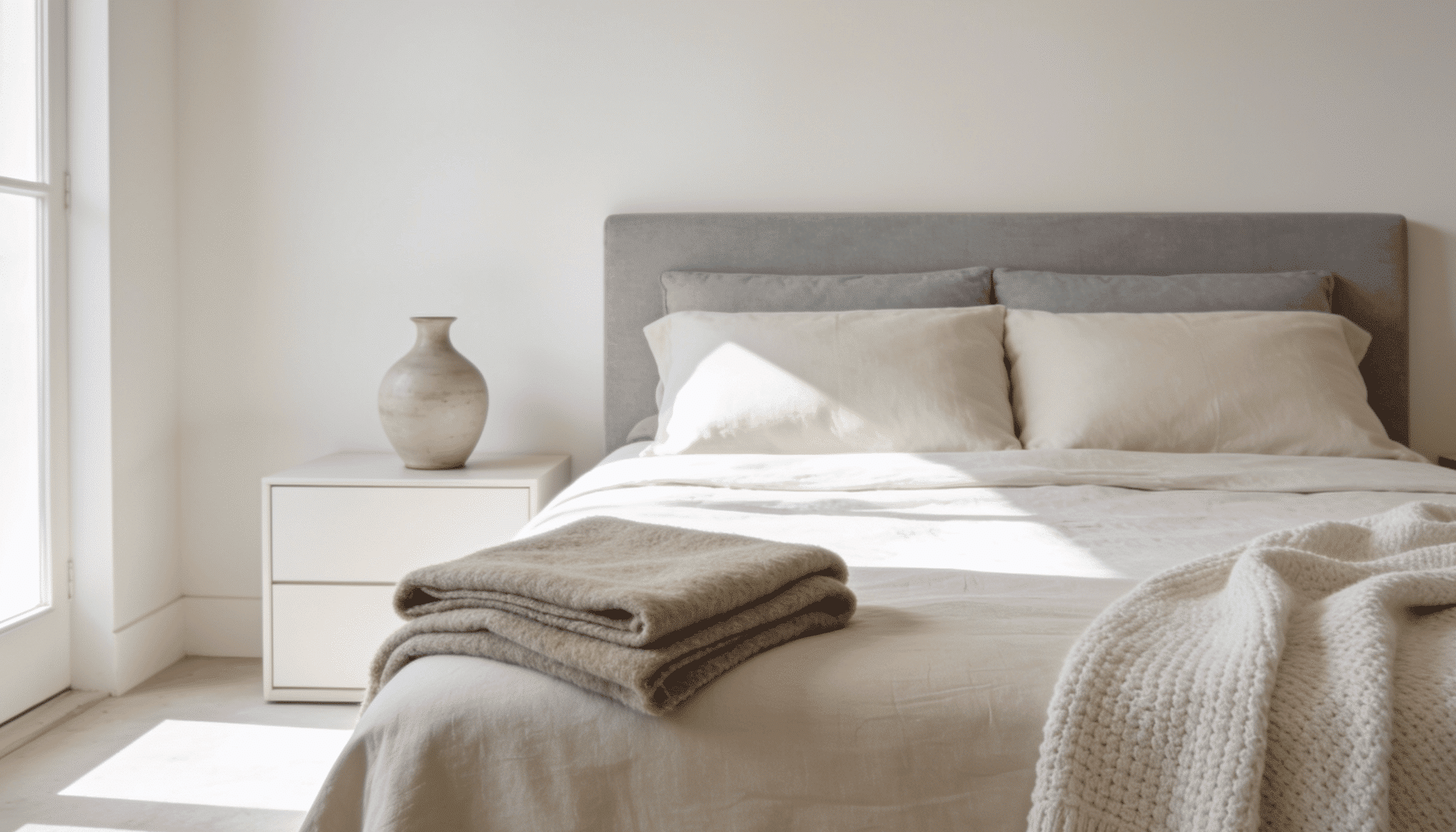 soft neutral minimalist bedroom with grey headboard, ivory linens, knit throw, and ceramic vase
