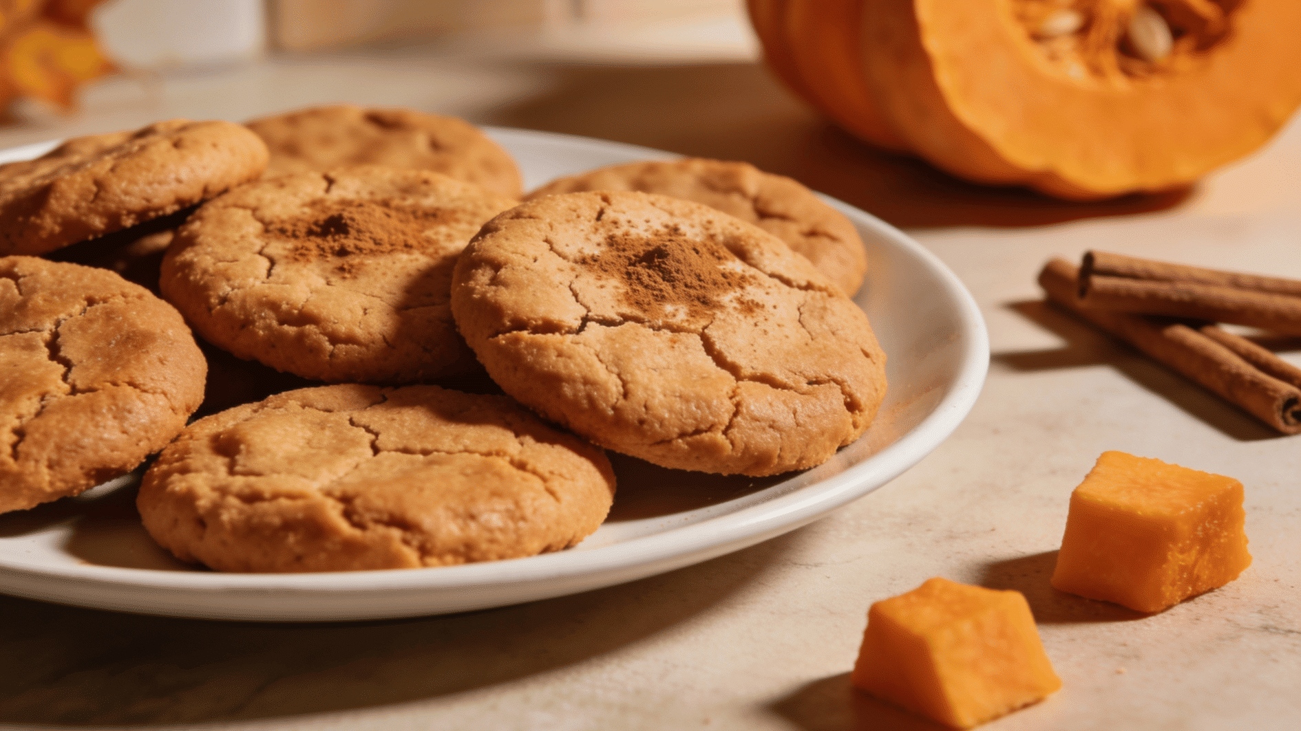 soft pumpkin spice cookies arranged on a white plate, warm orange-brown tone with subtle cracked surface texture, light dusting of cinnamon on top, small pumpkin pieces and cinnamon sticks in the