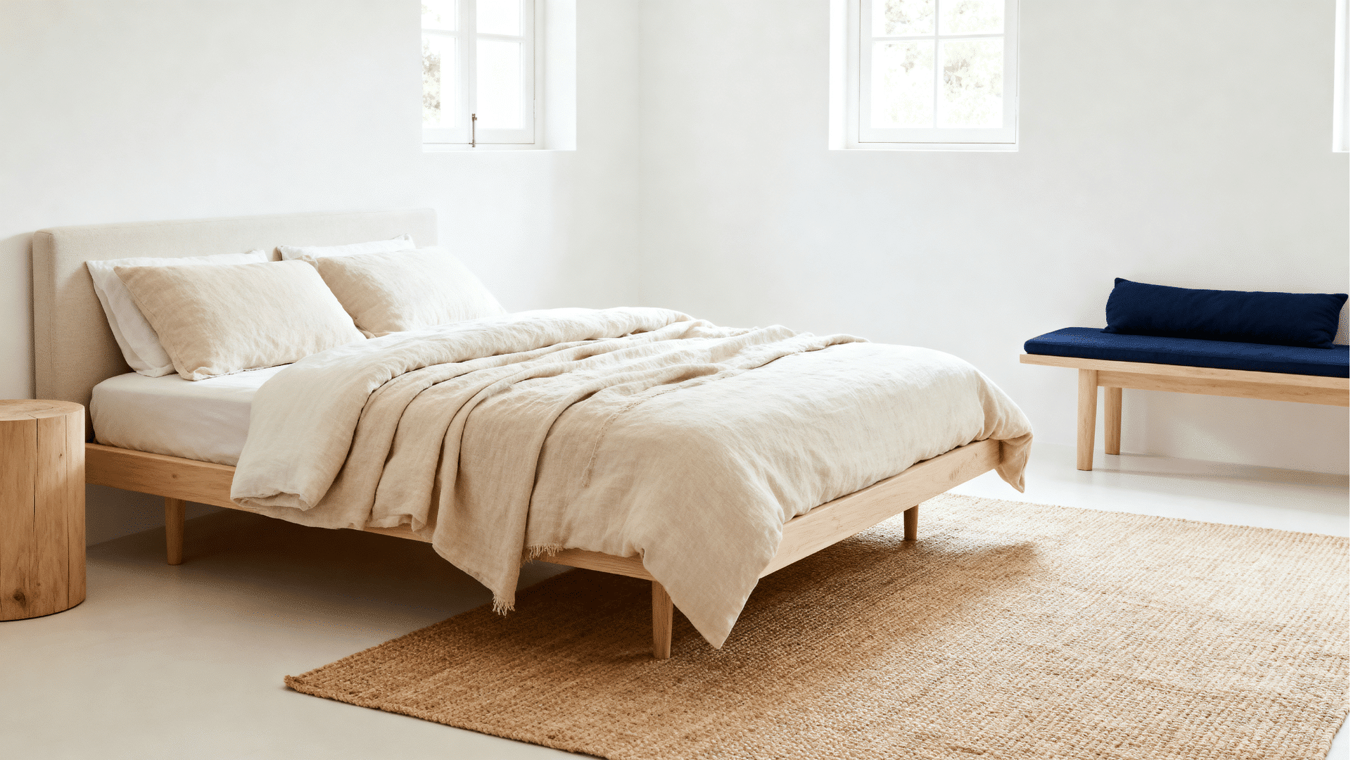 soft white bedroom with sandy beige bedding jute rug wood furniture and calm indoor lighting full room view
