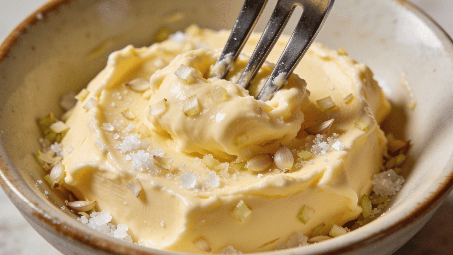 softened butter, minced garlic, and salt being mashed together with a fork in a ceramic bowl