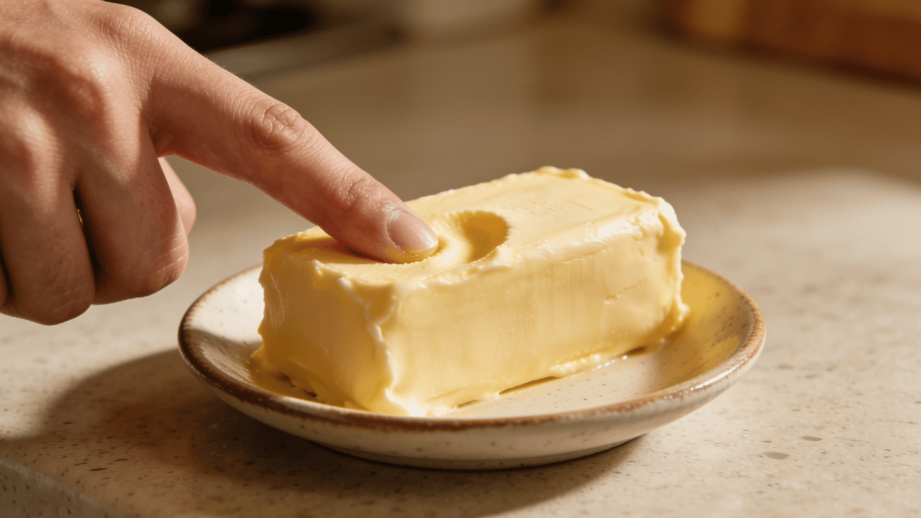 softened butter on a ceramic plate with a small finger dent showing the correct room-temperature texture