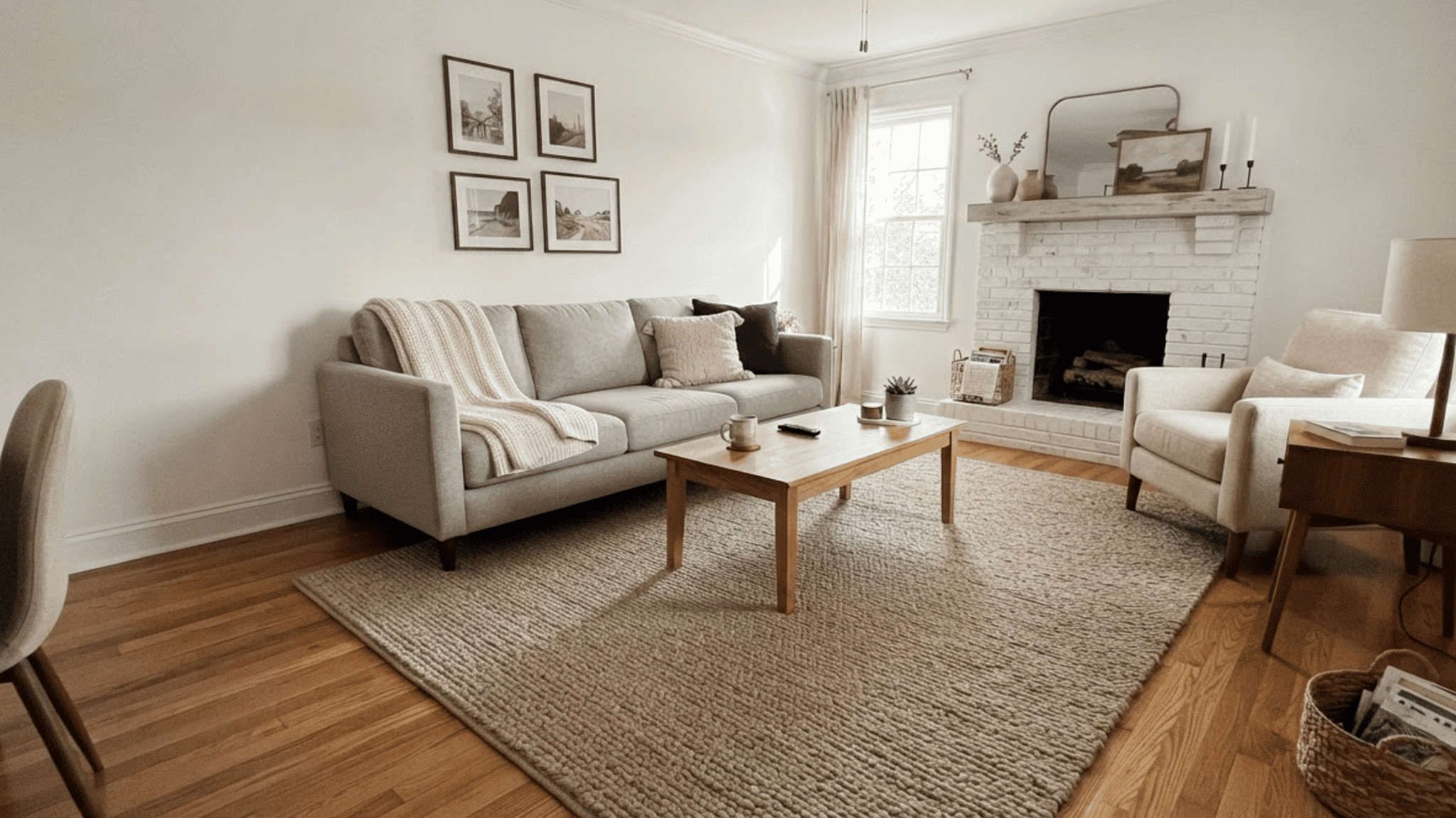 solid neutral wool rug in a calm transitional living room