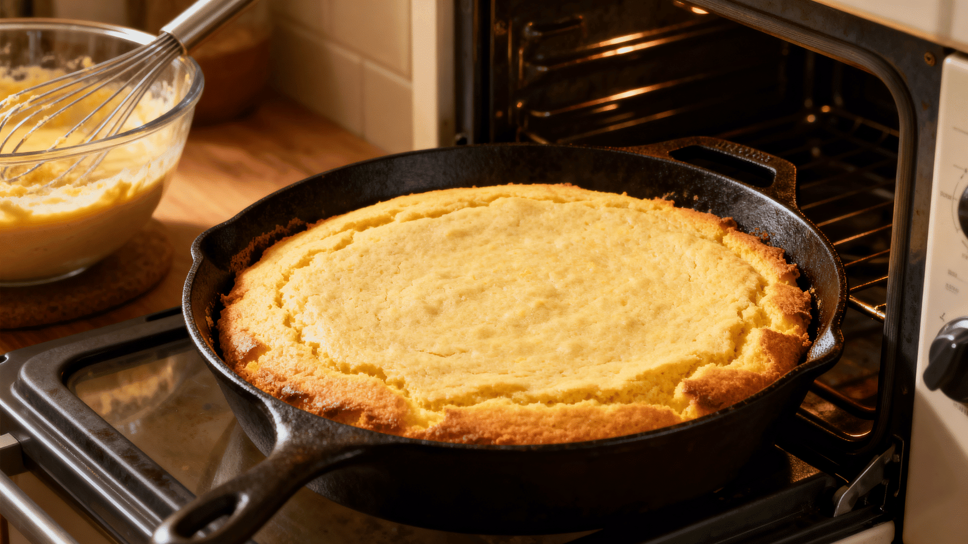 southern-style cornbread batter in a hot cast-iron skillet before baking