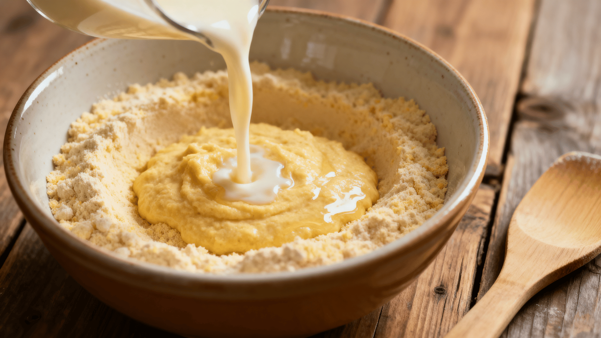 southern-style cornbread batter mixed in a bowl on a wooden counter