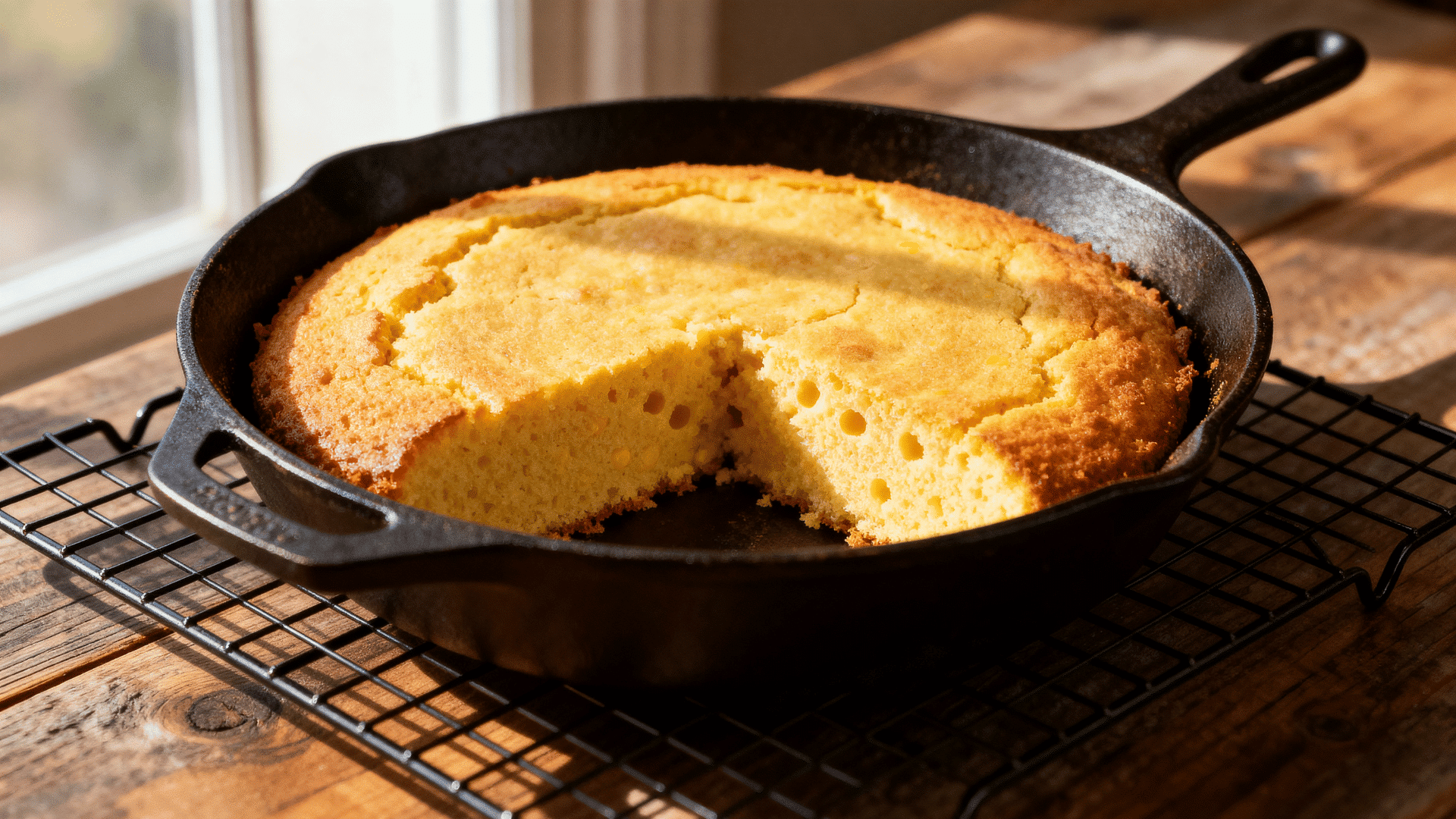 southern-style cornbread resting in a cast-iron skillet with one wedge cut