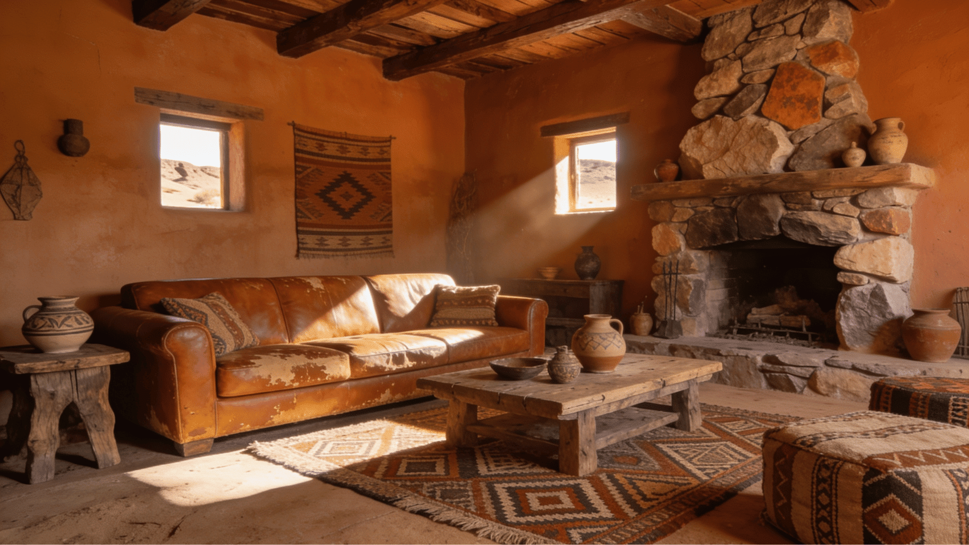 southwestern living room with adobe walls tribal rugs leather furniture and warm earthy desert inspired design