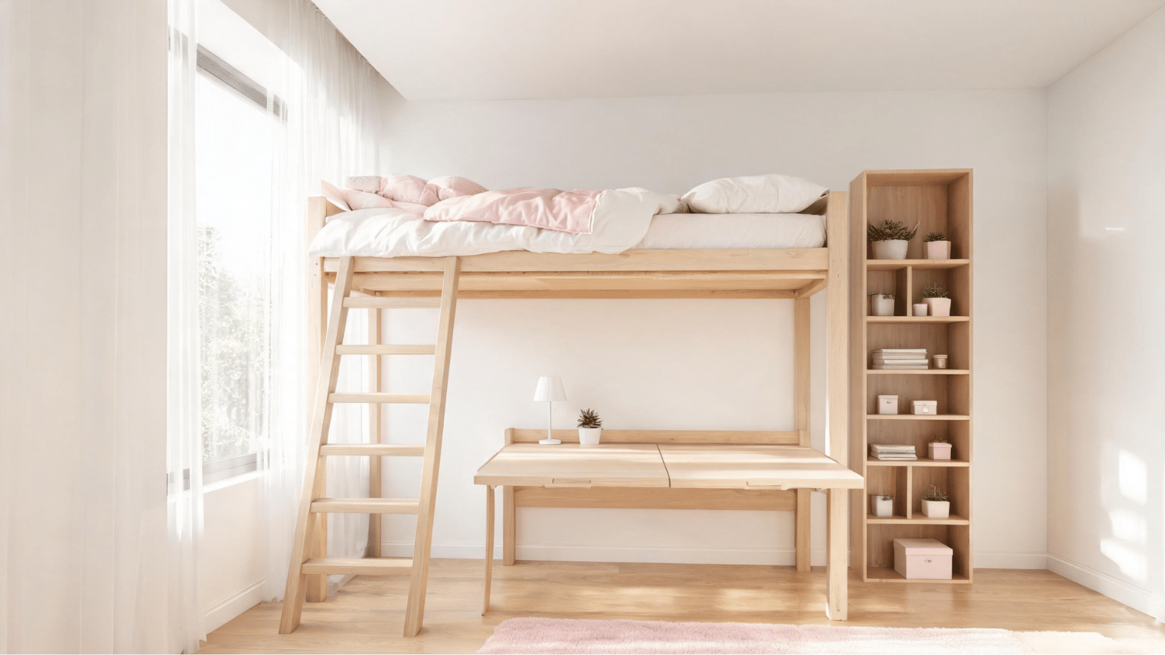 space saving loft bed with desk and tall shelving