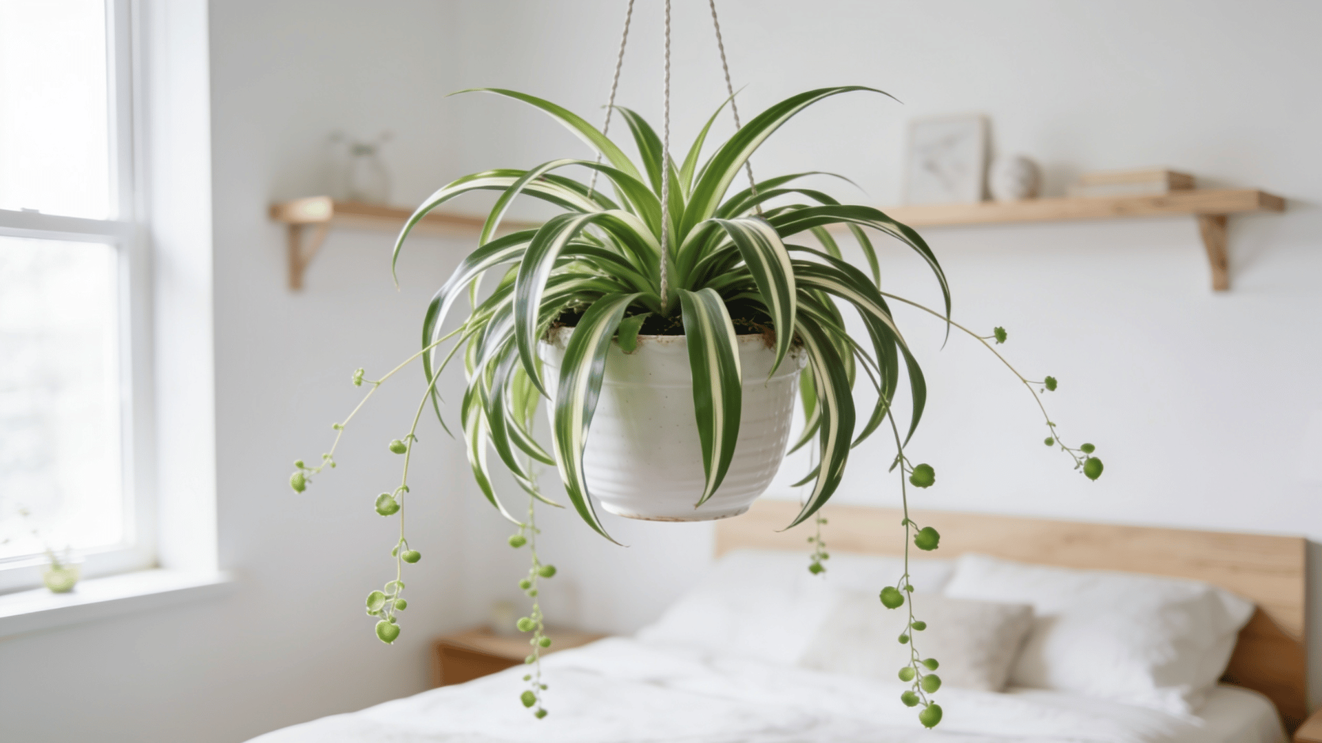 spider plant in a hanging white pot above a bed in a bright bedroom with natural sunlight
