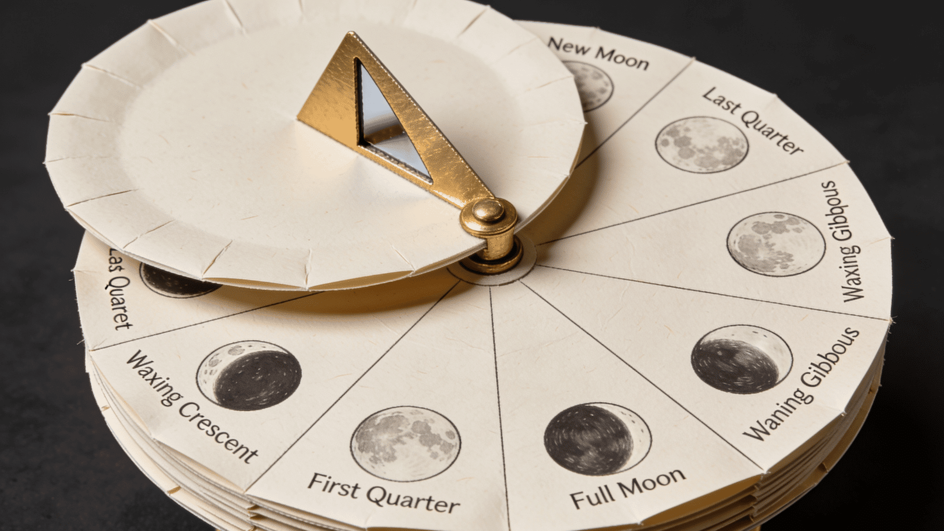 spinning paper plate craft showing the eight phases of the moon drawn around the edge, with a smaller plate on top featuring a wedge-shaped cutout window, attached with a brass fastener