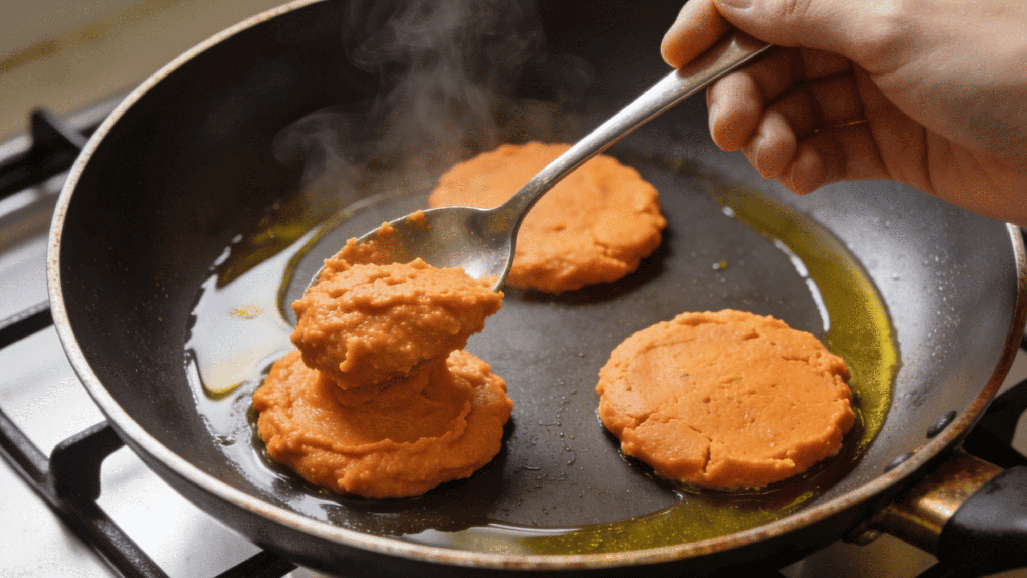 spooning sweet potato pancake batter into a skillet to cook soft baby-friendly pancakes (1)
