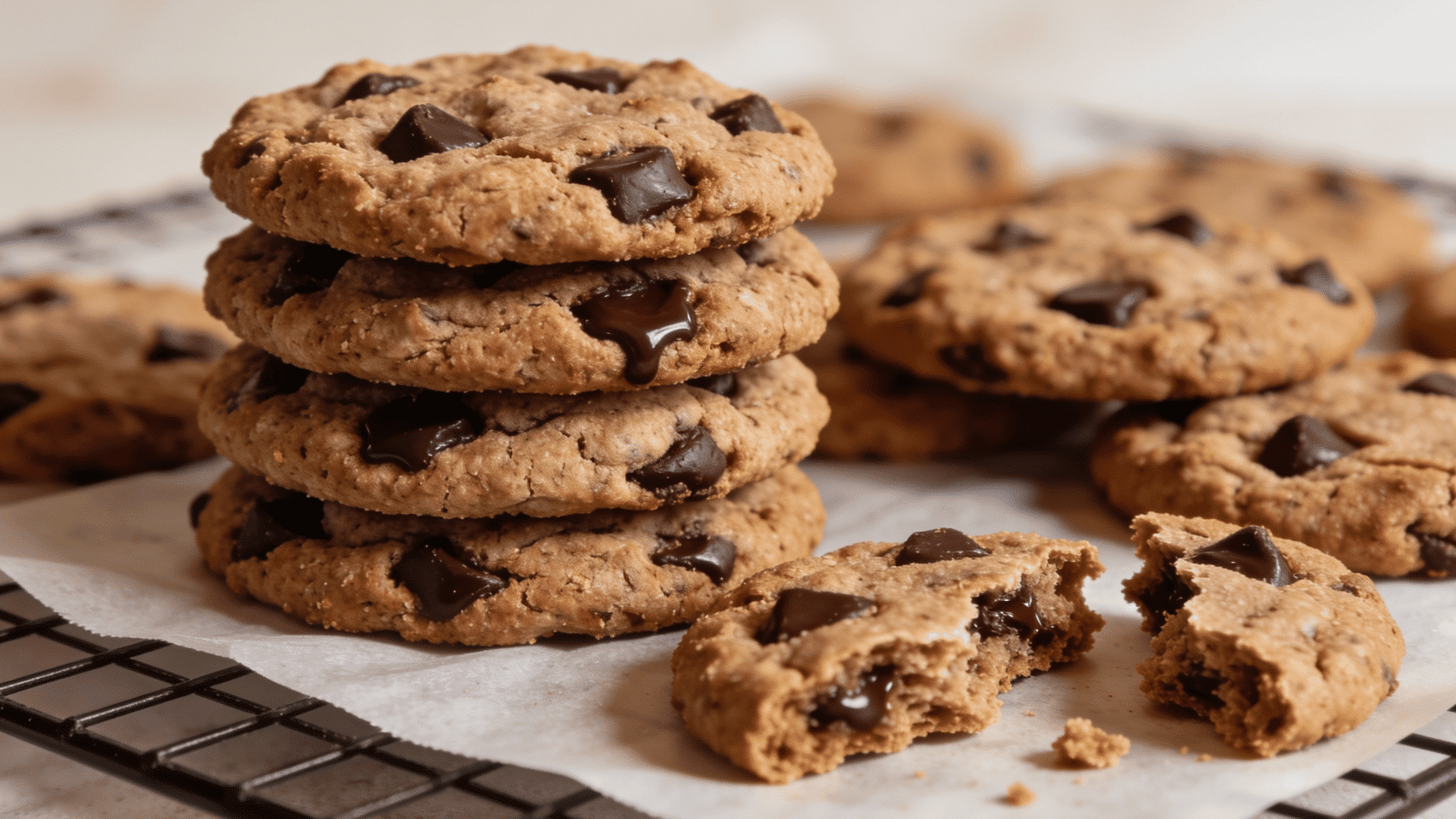 stack of whole wheat chocolate chip cookies on a cooling rack, melted dark chocolate chips visible inside cookies, slightly chewy texture, some cookies broken to show interior,