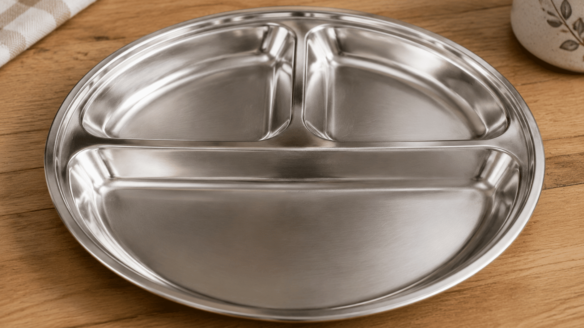 stainless steel divided kids plate with polished surface placed on a wooden table in a simple setup