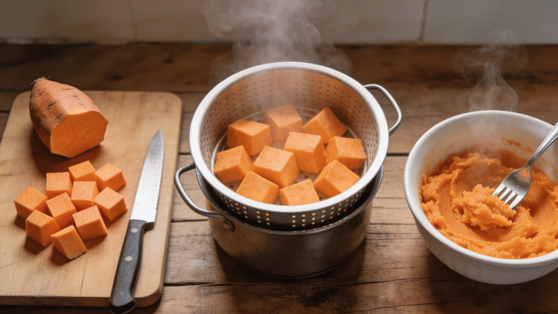 steamed sweet potato cubes with mashed sweet potato in a bowl ready for making baby pancakes