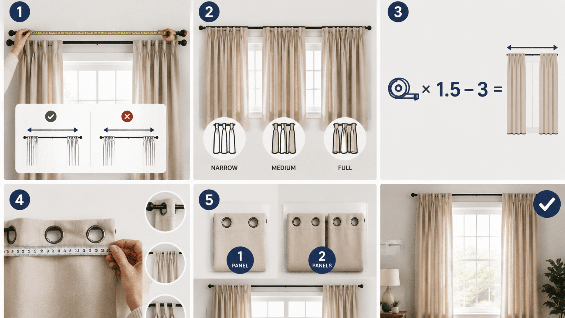 step by step guide showing how to measure curtain width fullness ratio panel count and install curtains correctly