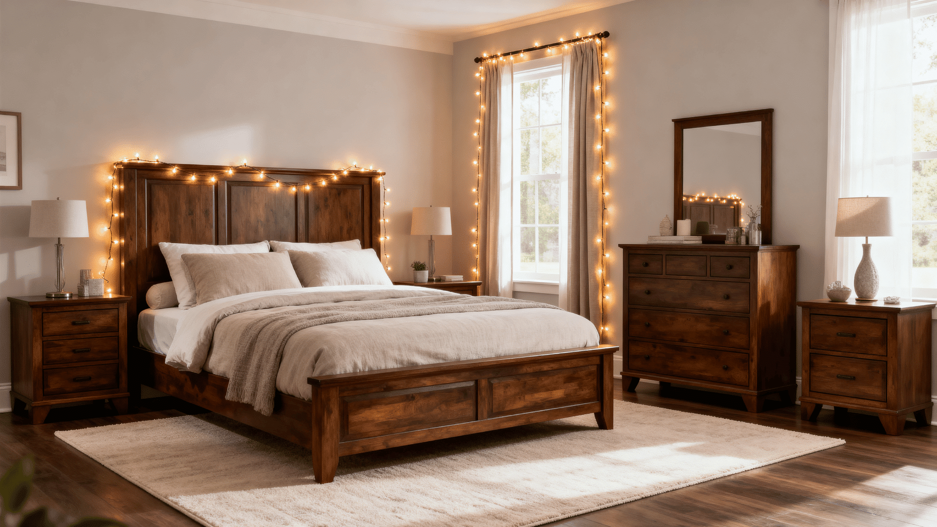 string lights bedroom warm glow bedding soft lighting wood furniture and cozy indoor evening full room view
