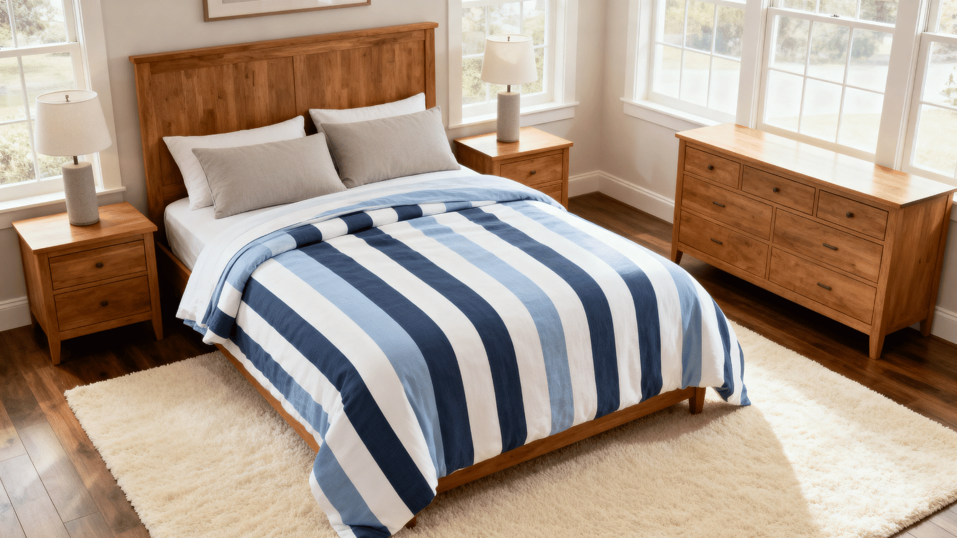 striped duvet bedroom with wood furniture neutral walls soft lighting and clean balanced full room view