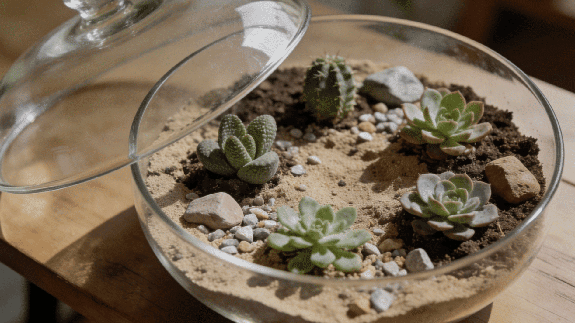 open succulent terrarium with small plants sandy soil and decorative rocks arranged in a clear glass bowl for indoor gardening