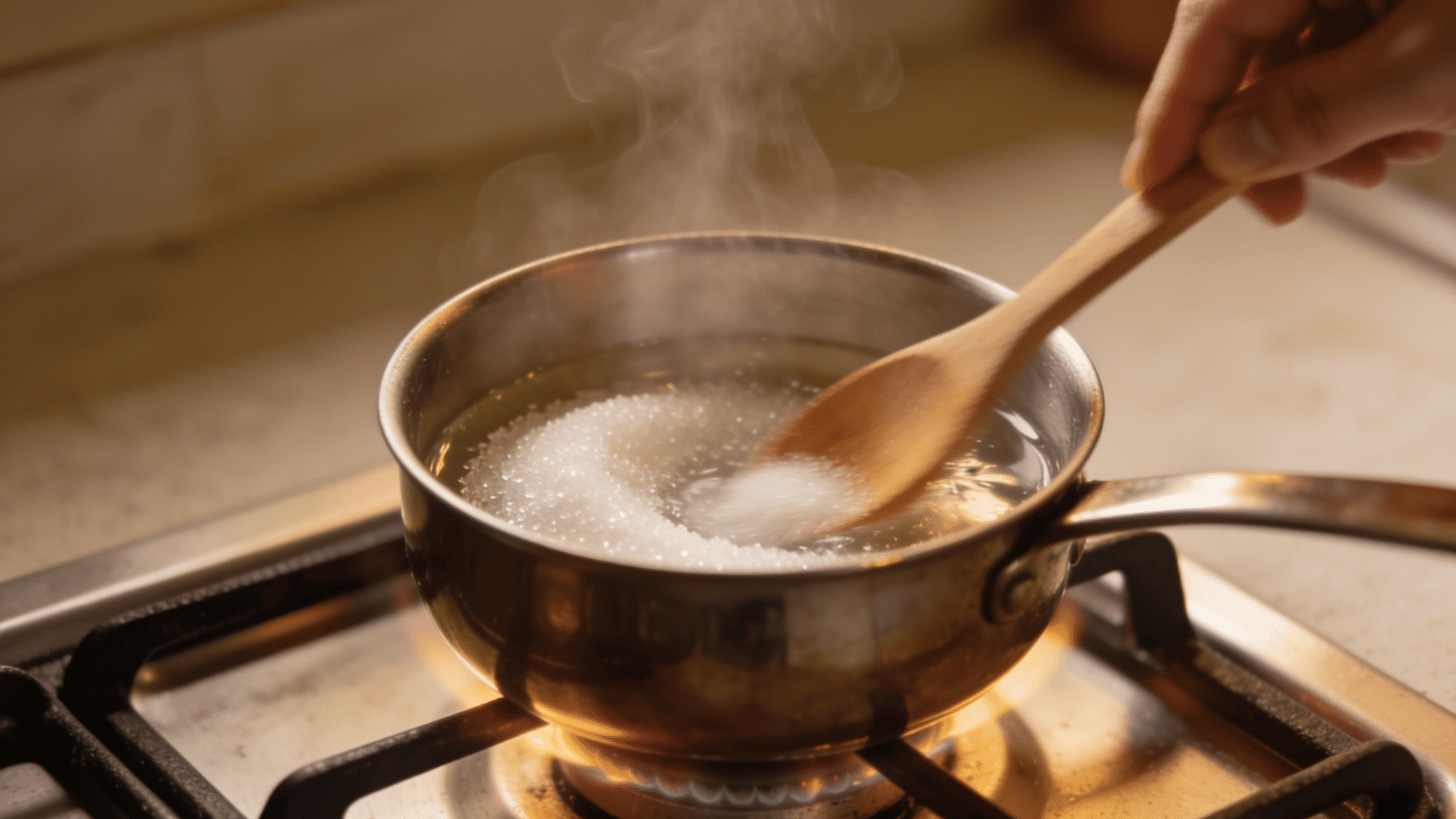 sugar crystals dissolving in warm water as a wooden spoon stirs simple syrup in a saucepan over mild warm heat
