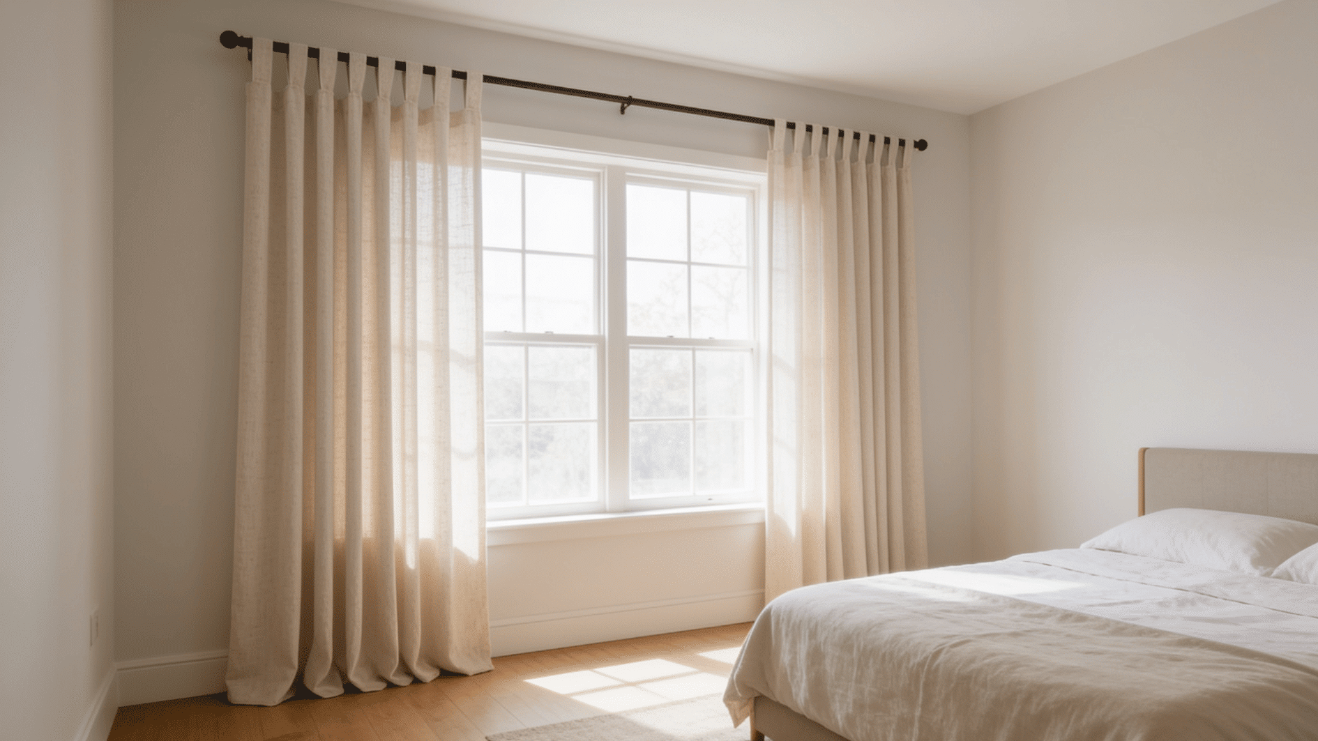 sunlit bedroom with linen tab-top curtains framing a window beside a neatly made bed and wood floor.