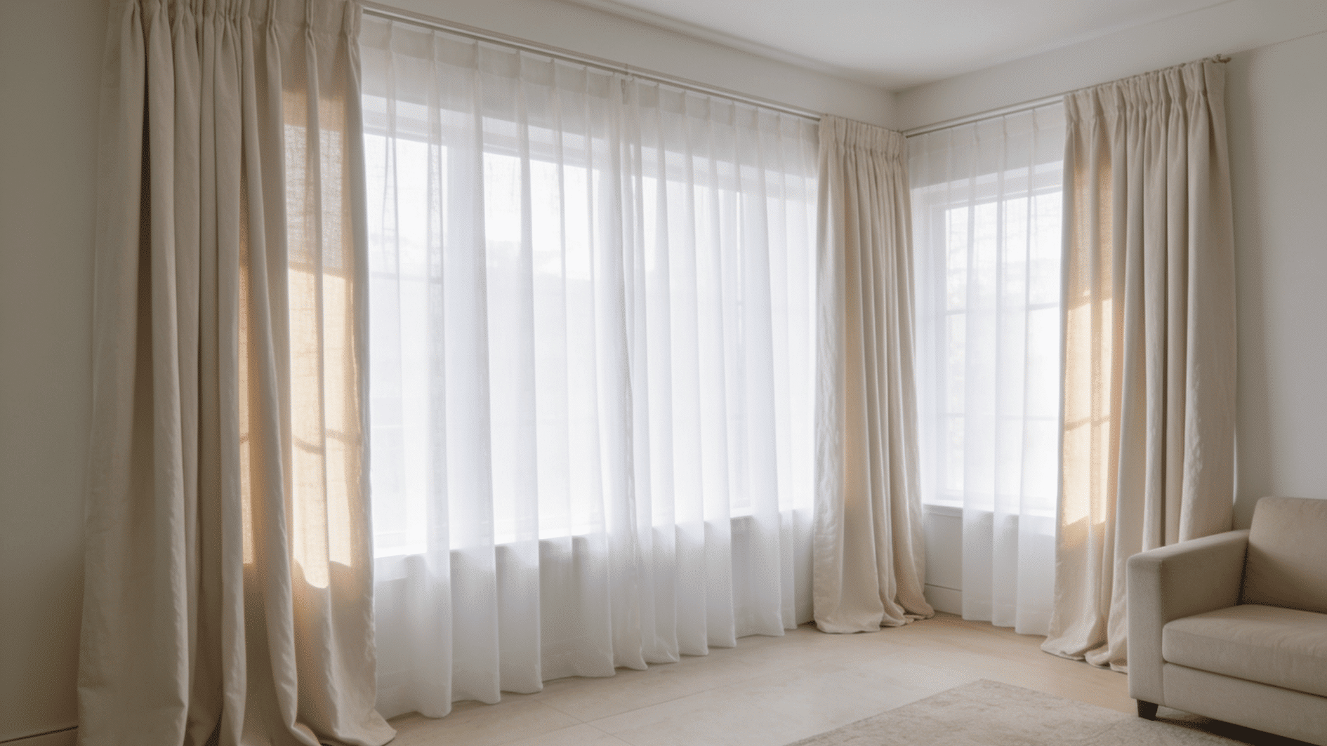 sunlit corner room with layered sheer and beige drapes over floor-to-ceiling windows, a beige armchair nearby.