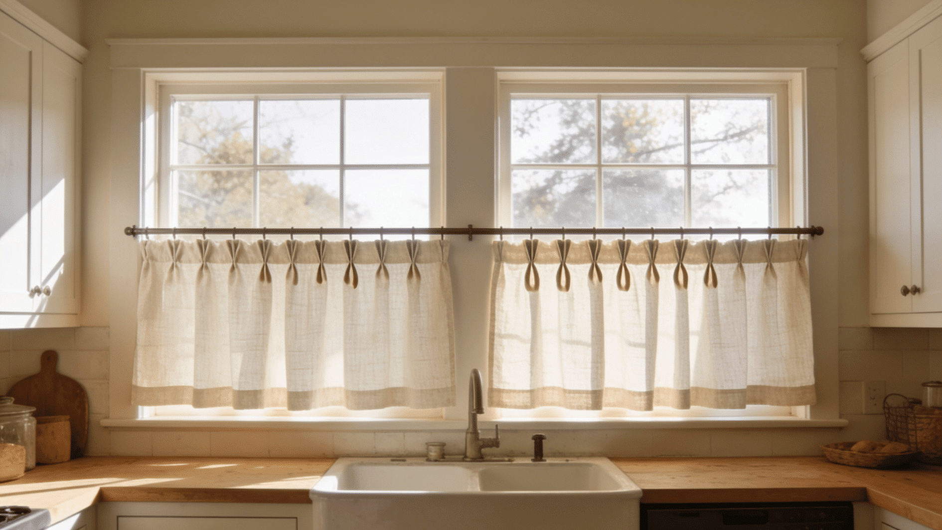 sunlit farmhouse kitchen with tied linen café curtains on the lower window panes above a white sink and butcher block.