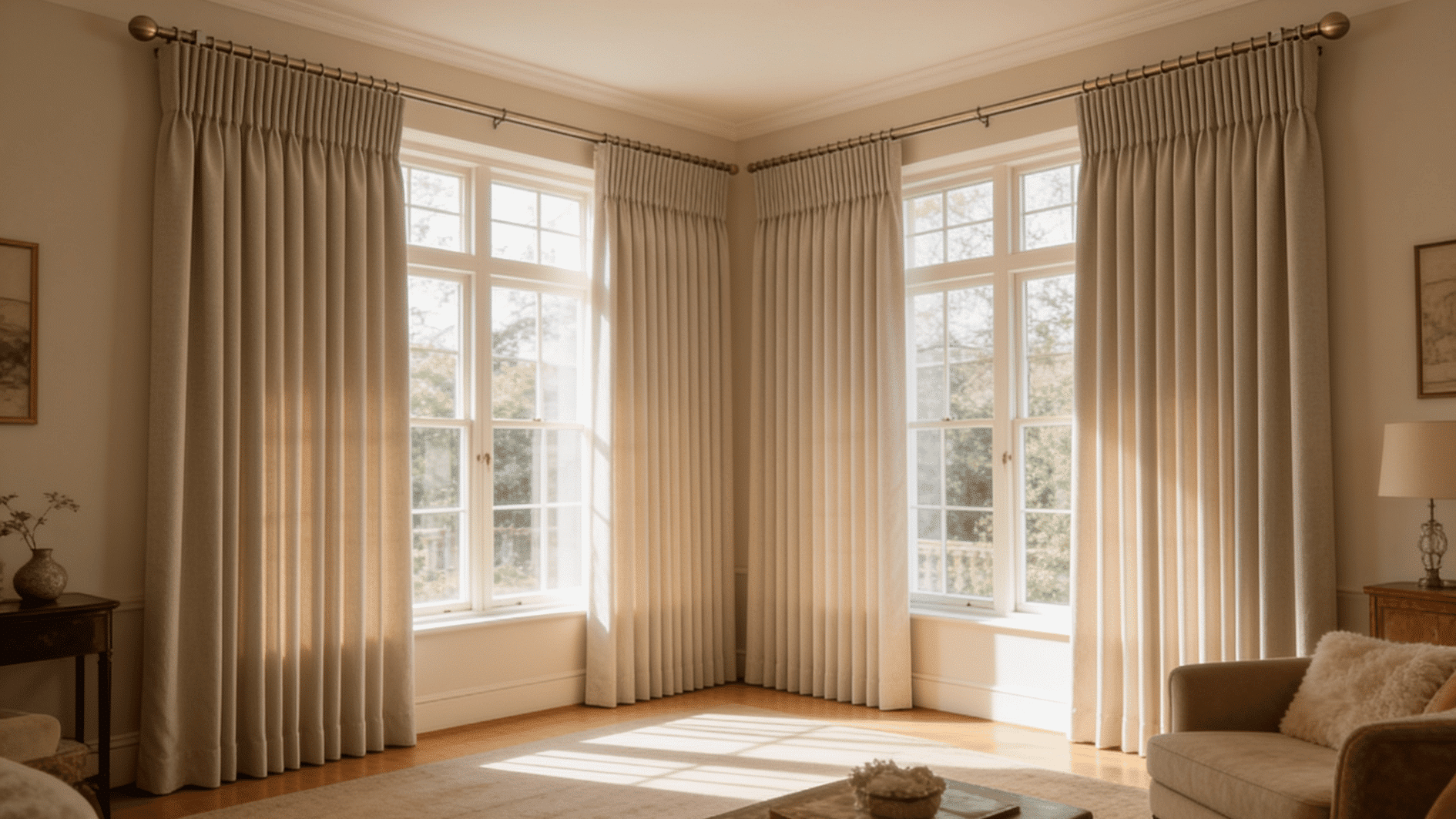 sunny corner living room with pencil-pleat curtains on a bent brass rod framing two tall windows.