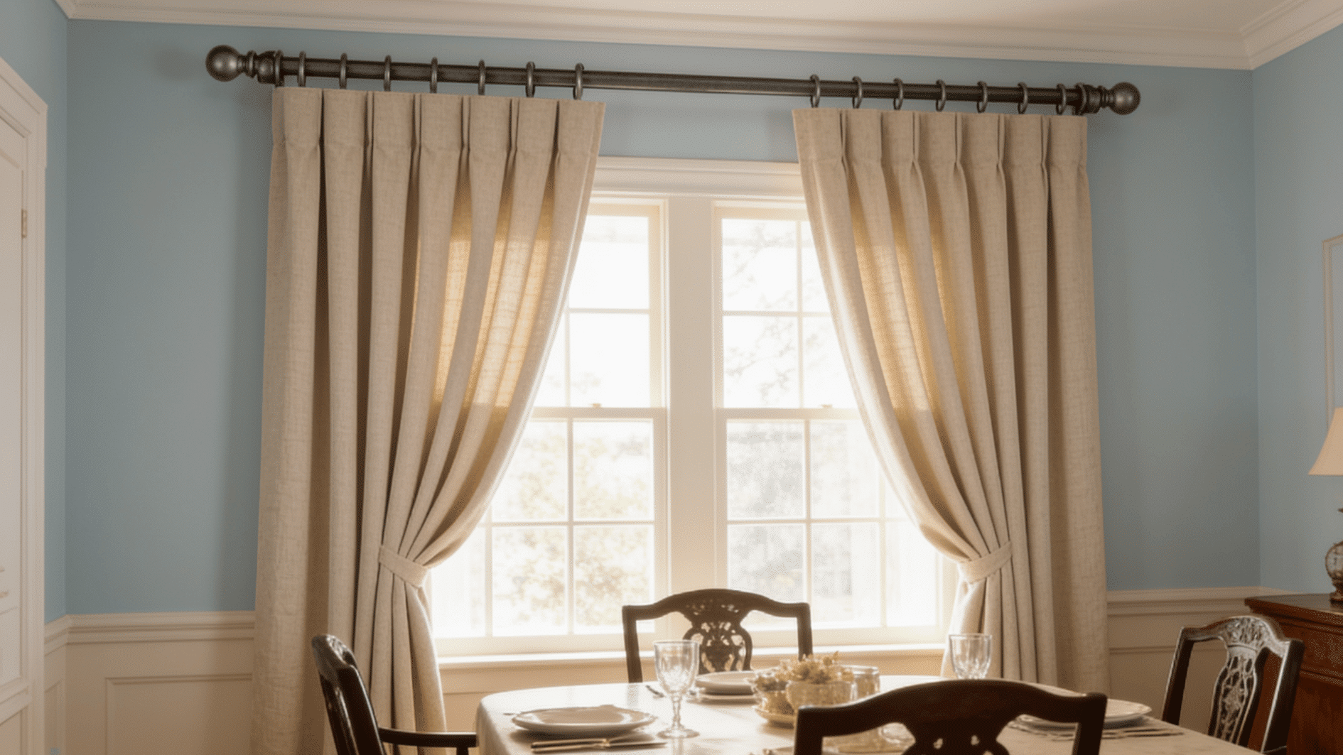 sunny dining room with pleated linen curtains tied back beside a window, blue walls, and a set table.